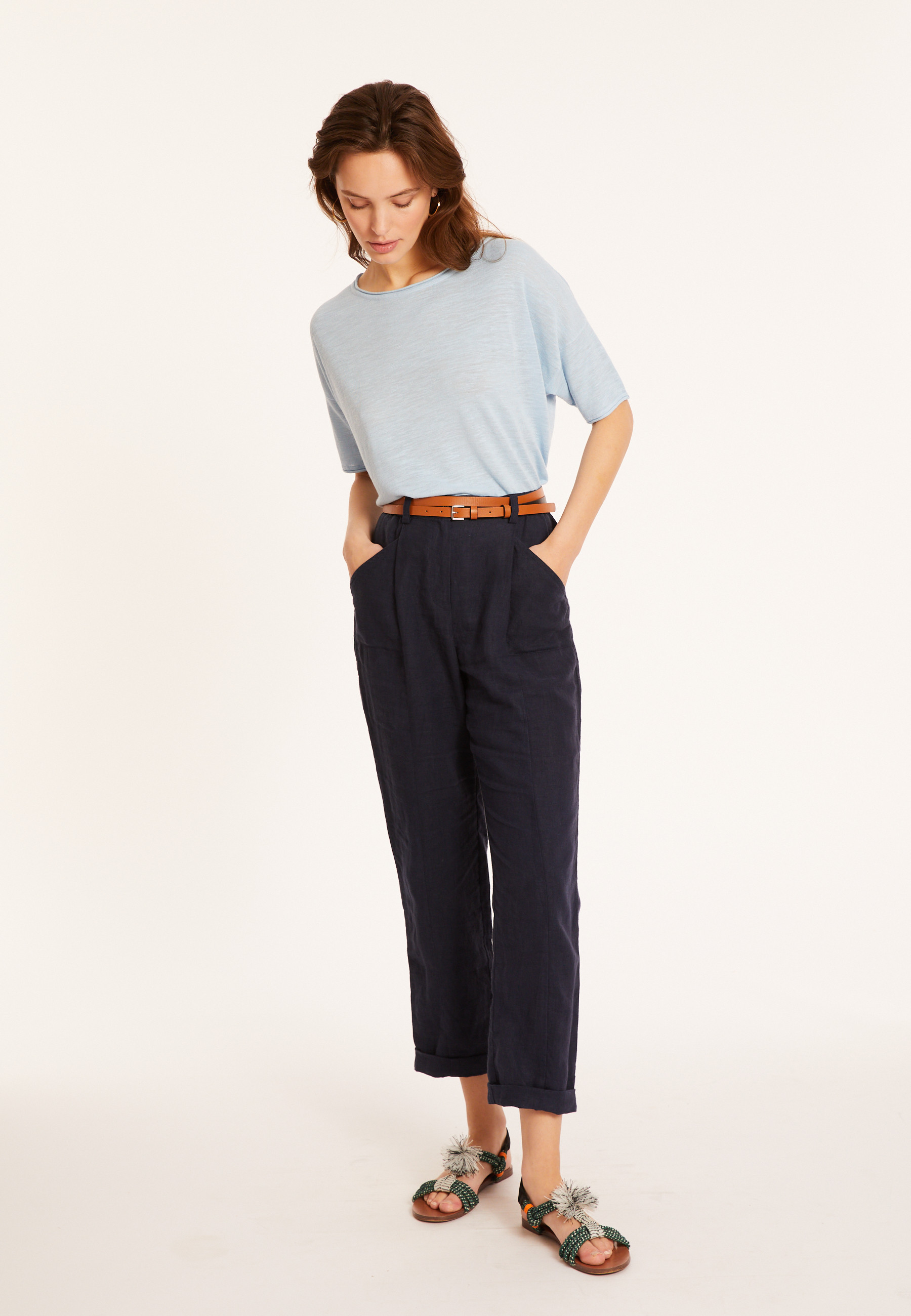 T-shirt ample manches coudes en lin flammé - Taslim 8043 - 04 Bleu clair