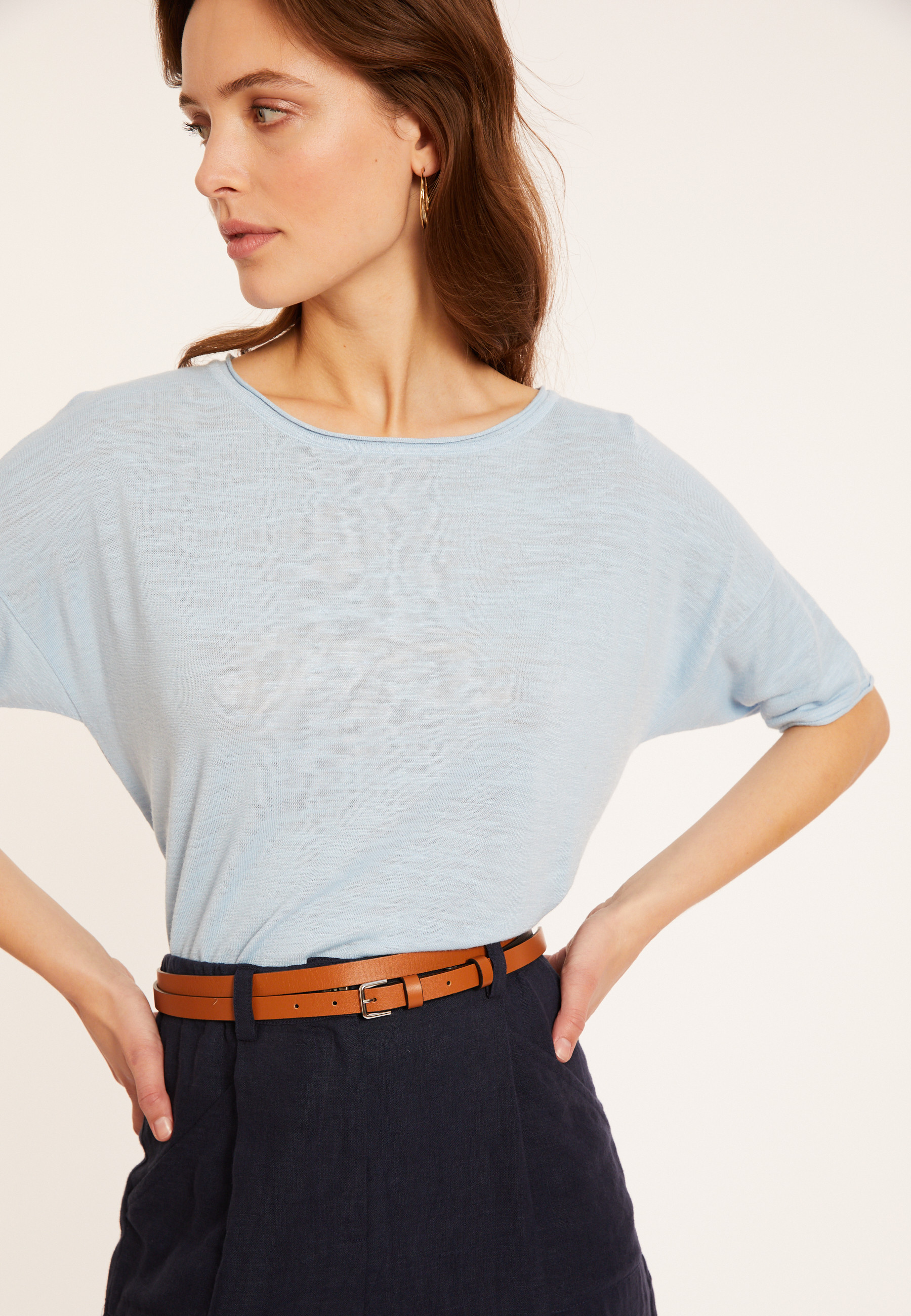 T-shirt ample manches coudes en lin flammé - Taslim 8043 - 04 Bleu clair