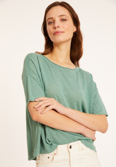 T-shirt ample manches coudes en lin flammé - Taslim 8052 - 94 Vert amande