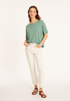 T-shirt ample manches coudes en lin flammé - Taslim 8052 - 94 Vert amande