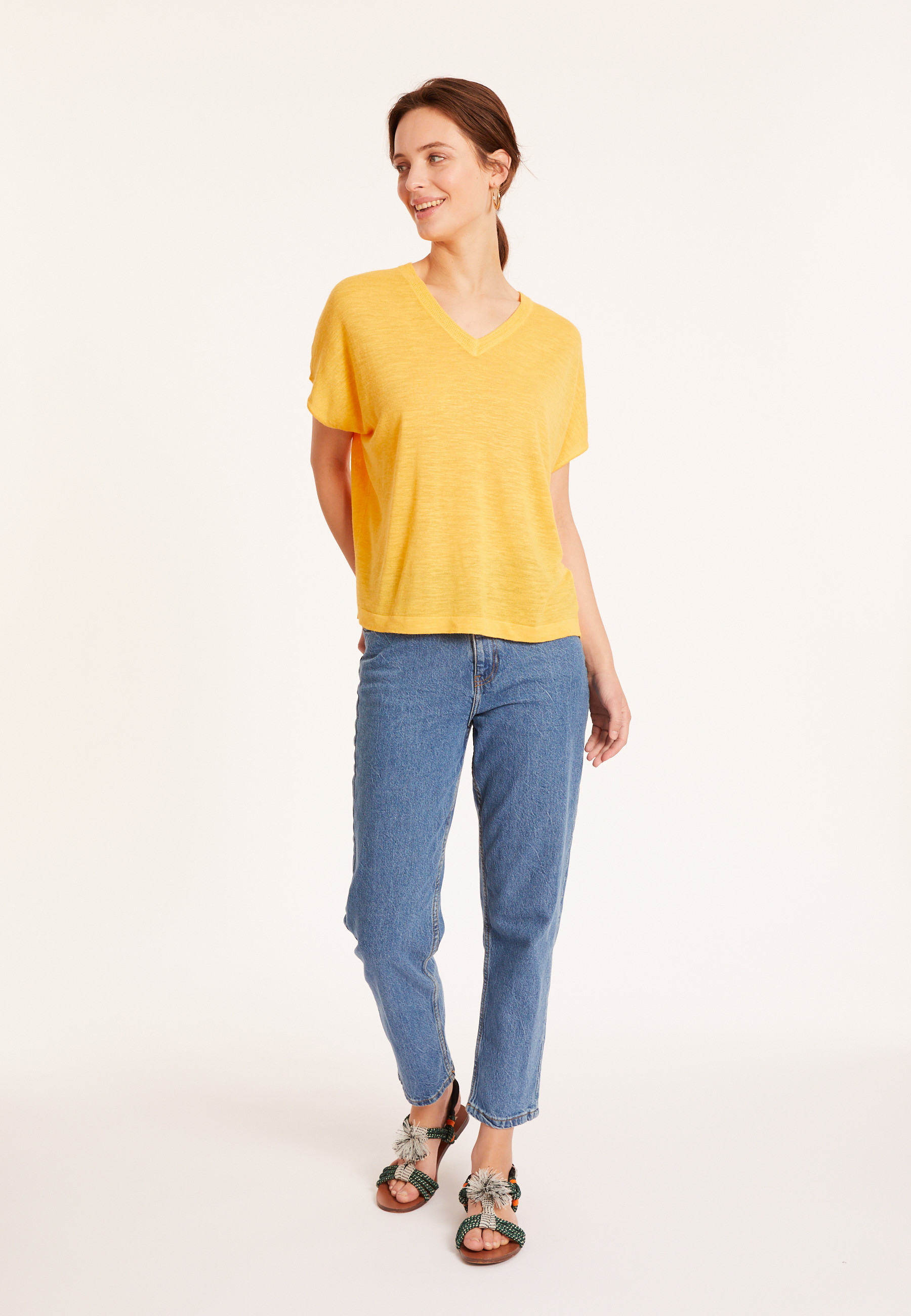 T-shirt ample col V en lin flammé - Marra 8060 - 08 Jaune