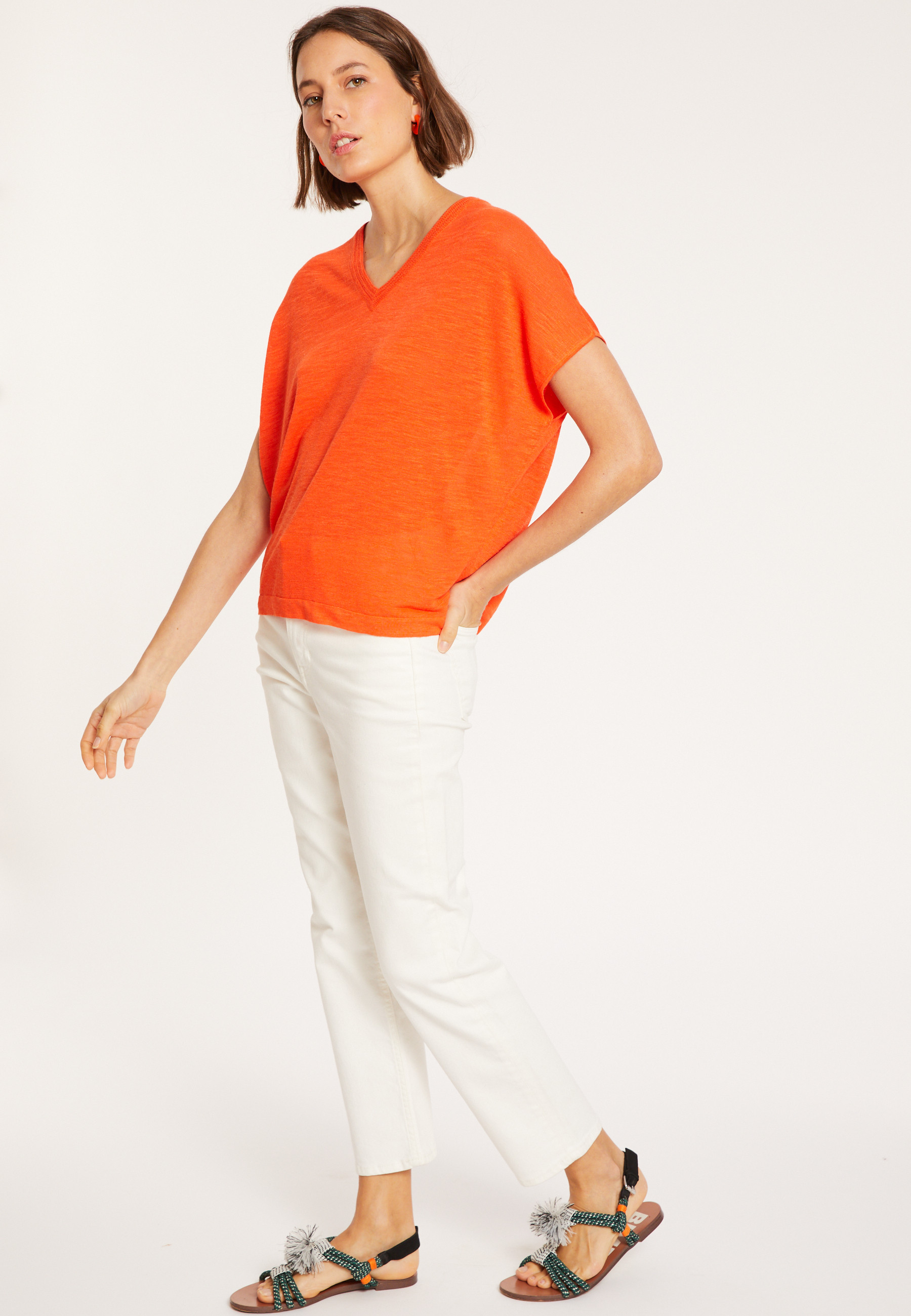 Flamed linen V-neck loose T-shirt - Marra