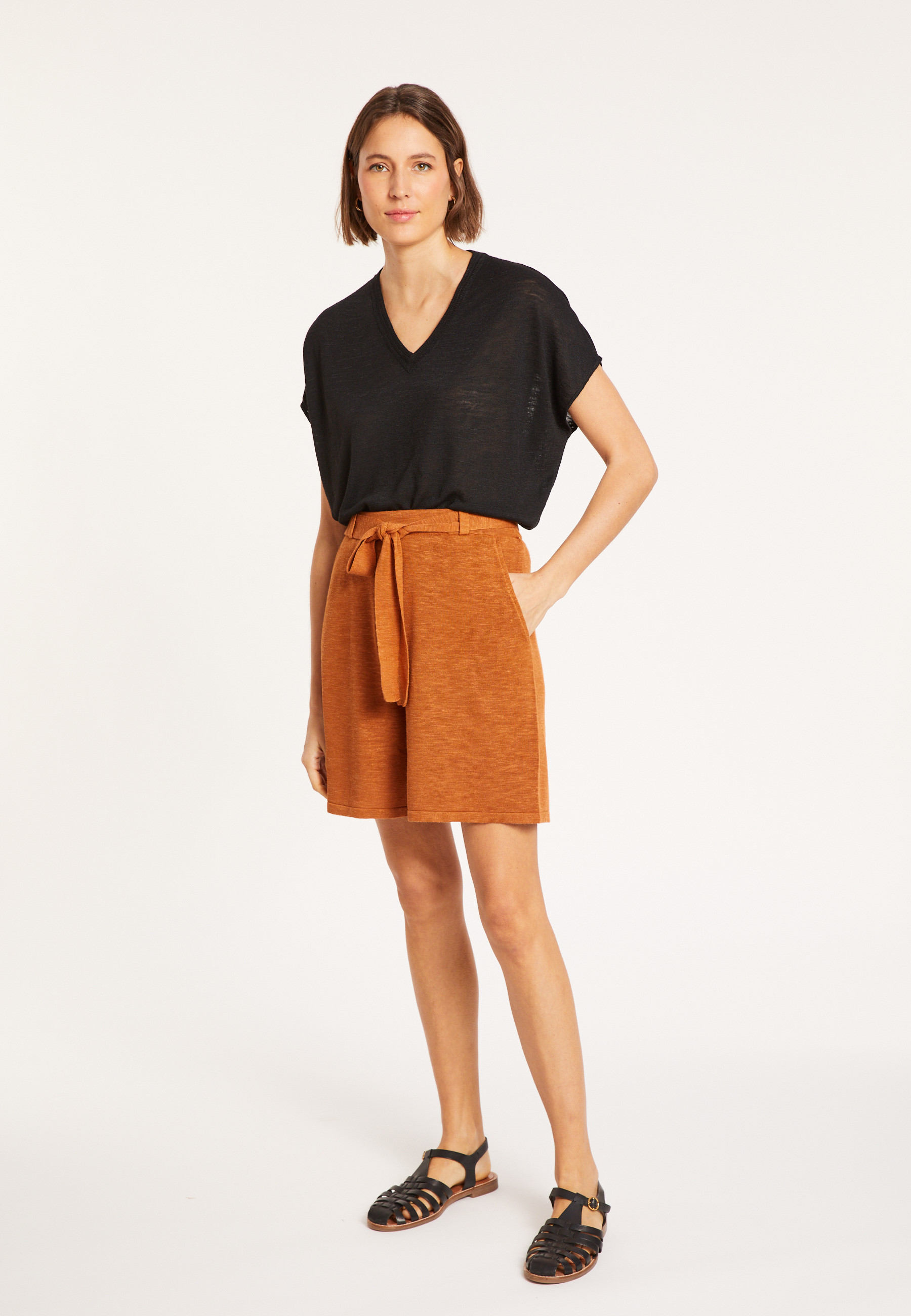 T-shirt ample col V en lin flammé - Marra 8010 - 01 Noir