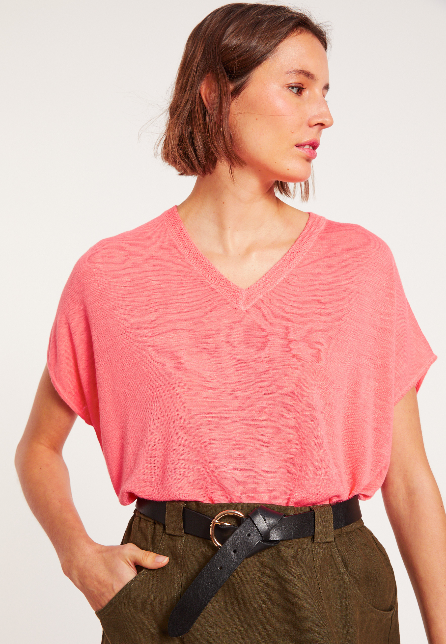 Flamed linen V-neck loose T-shirt - Marra