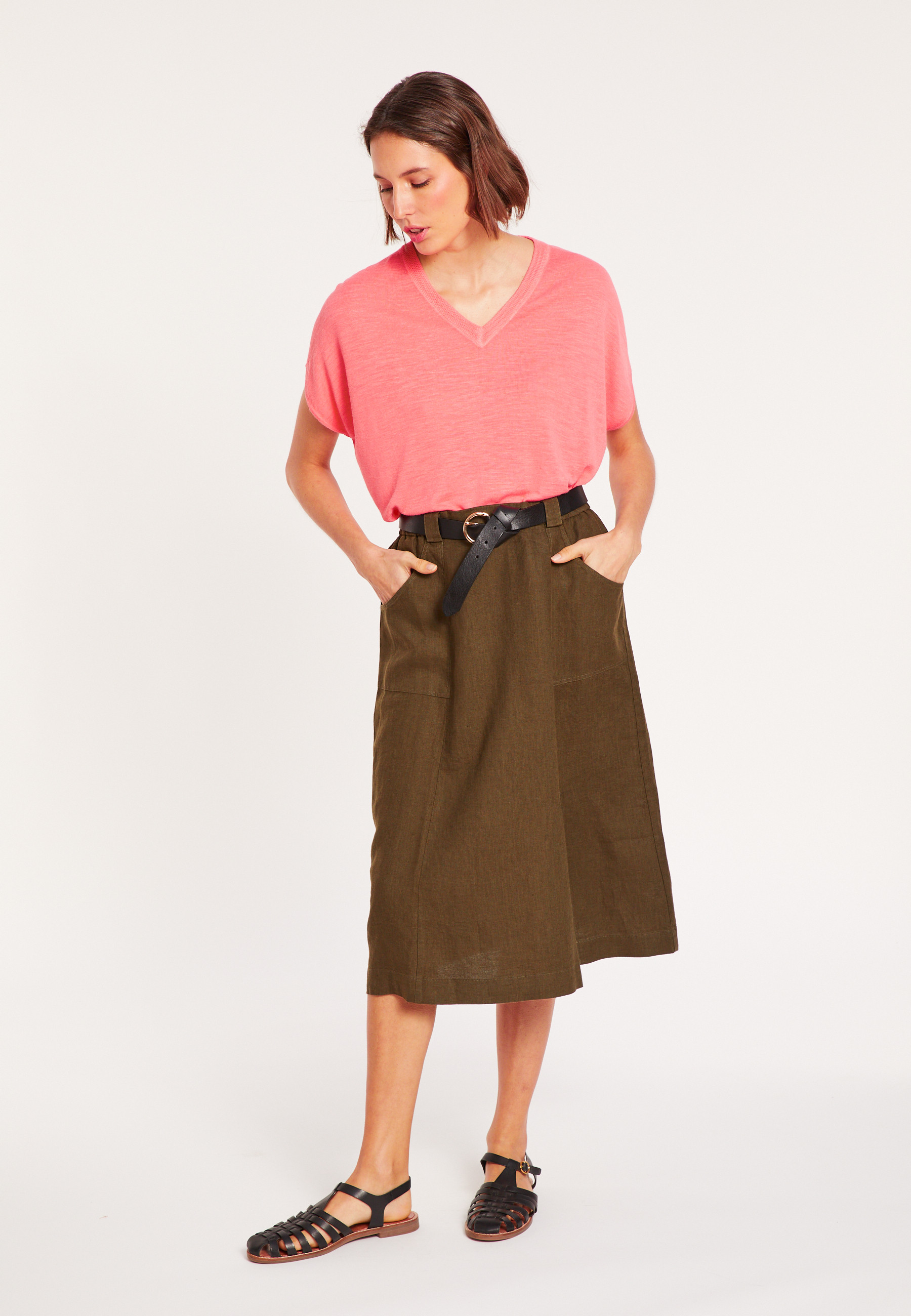 T-shirt ample col V en lin flammé - Marra 8072 - 25 Rose moyen