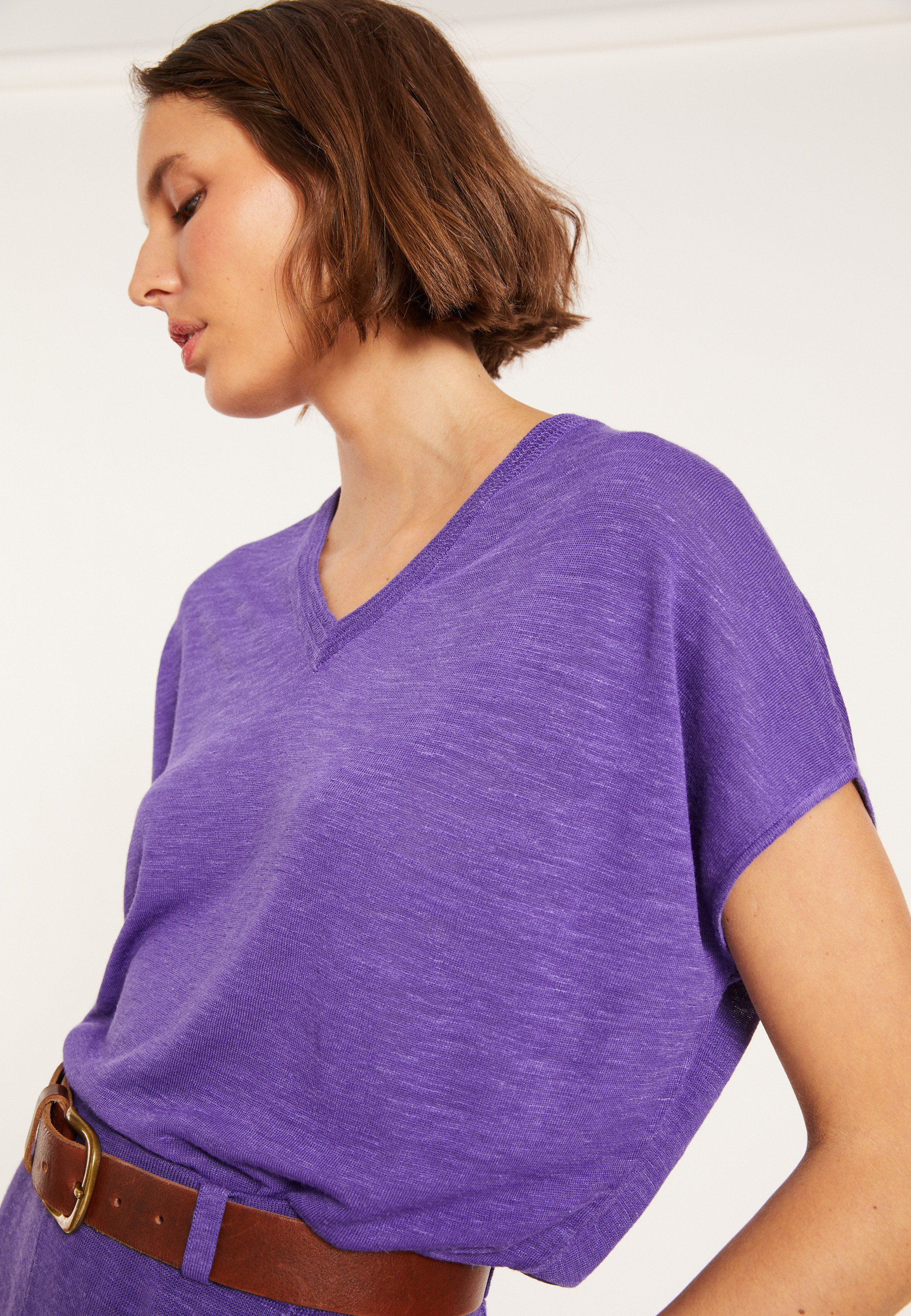 Flamed linen V-neck loose T-shirt - Marra