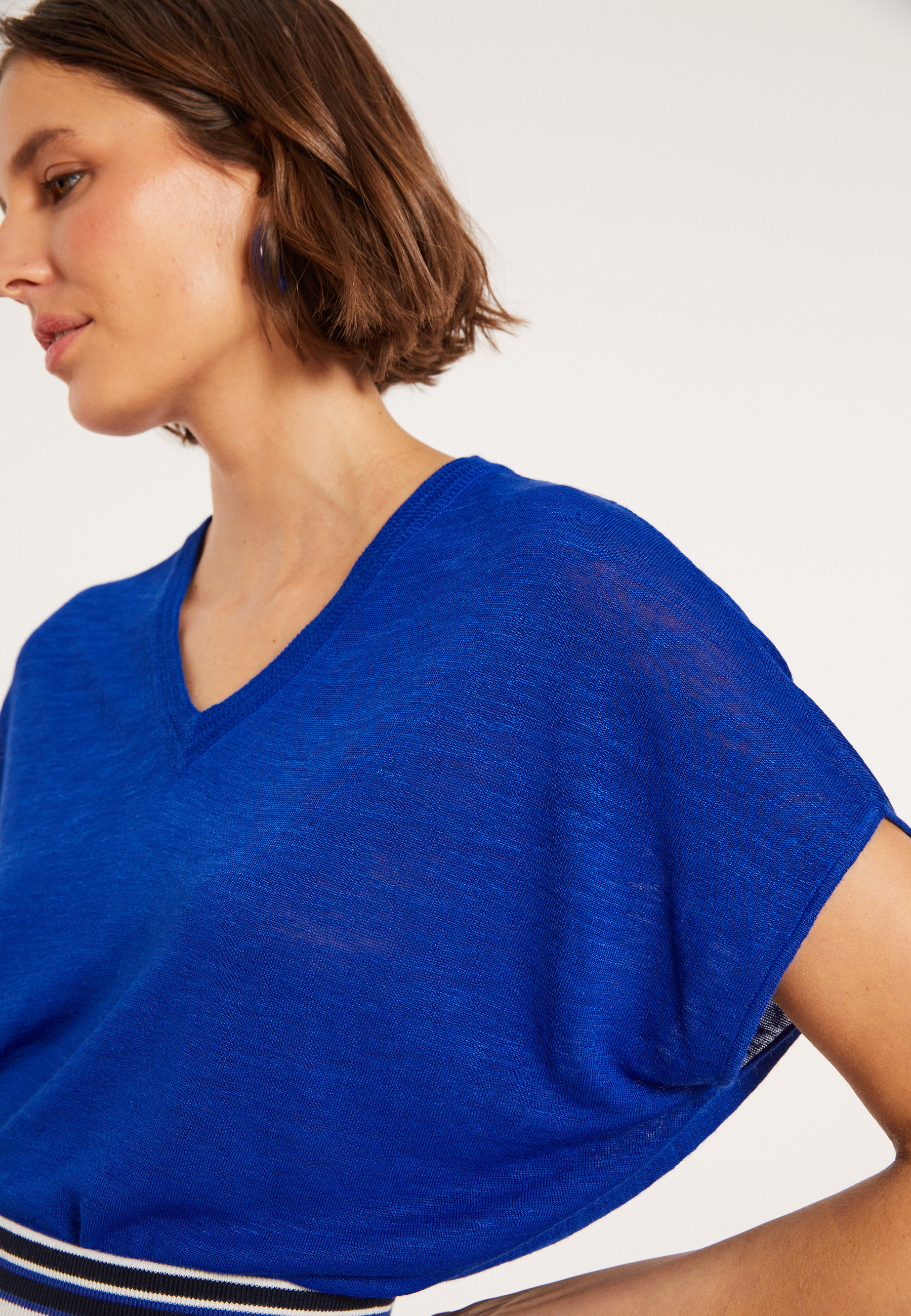 T-shirt ample col V en lin flammé - Marra 8041 - 48 Bleu roi