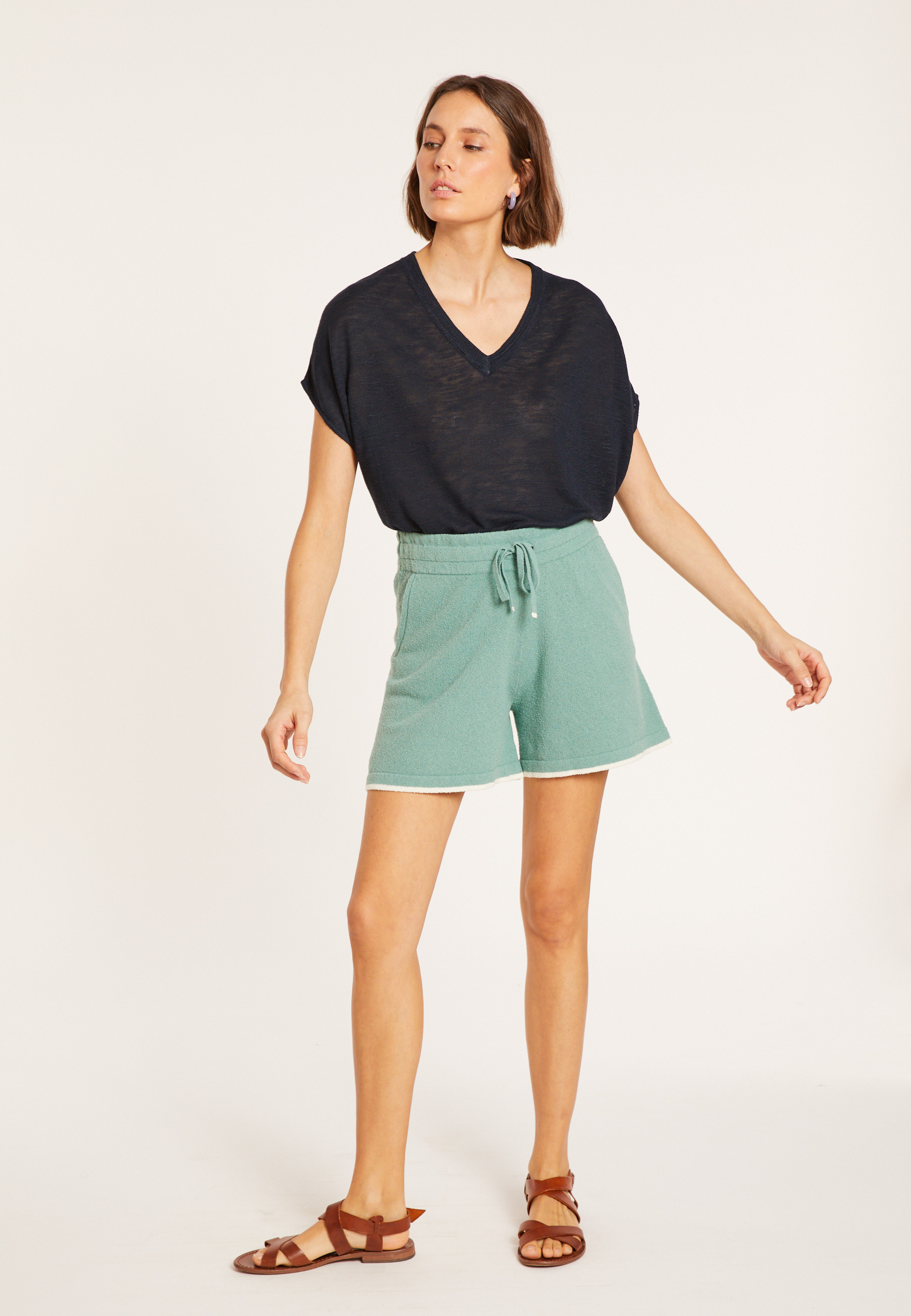 T-shirt ample col V en lin flammé - Marra 8040 - 05 Bleu marine