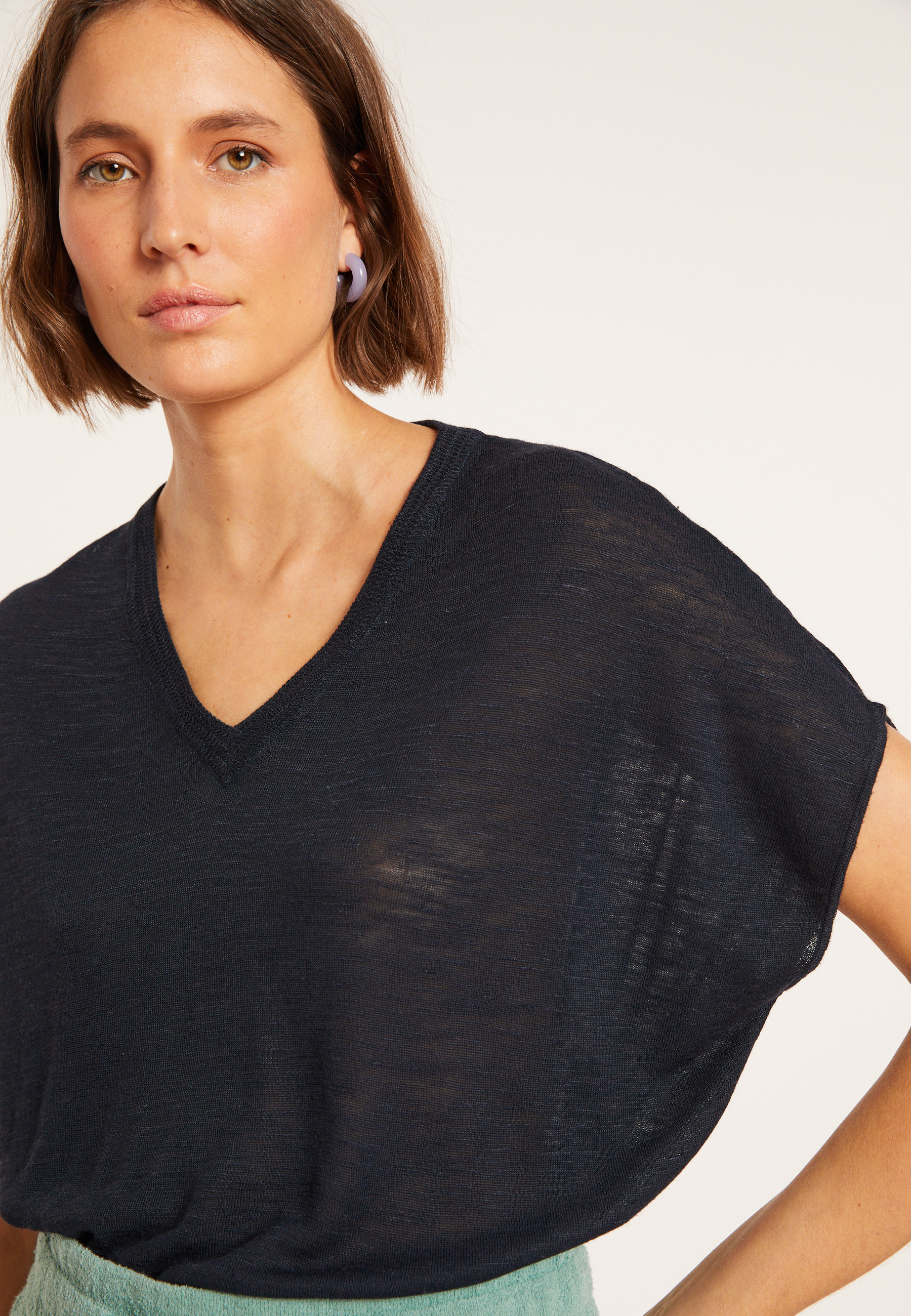 T-shirt ample col V en lin flammé - Marra 8040 - 05 Bleu marine