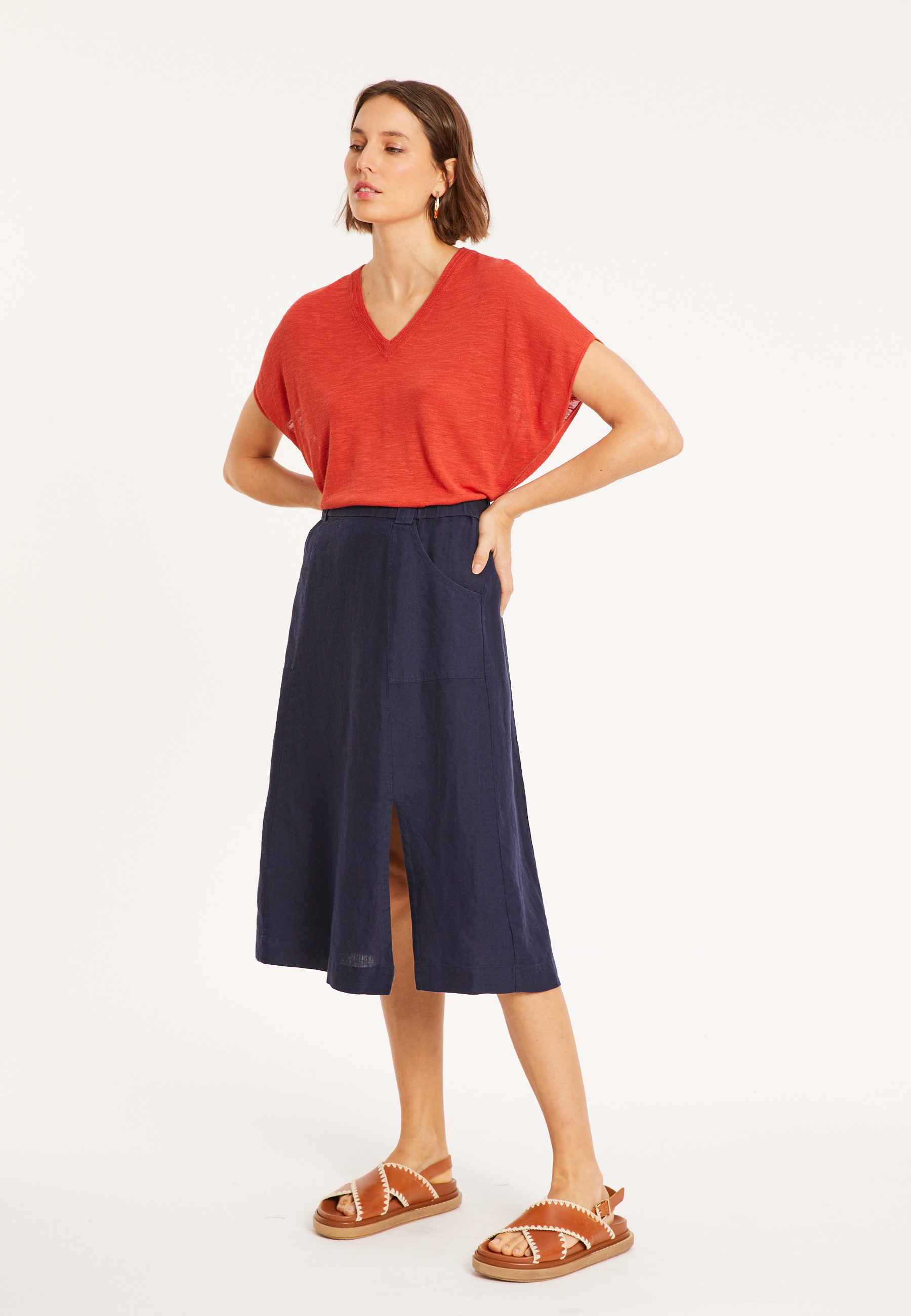Flamed linen V-neck loose T-shirt - Marra