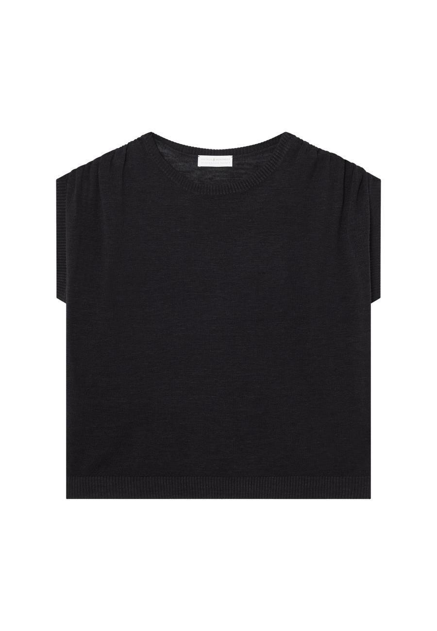 Flamed linen t-shirt with shoulders tightening - Marine