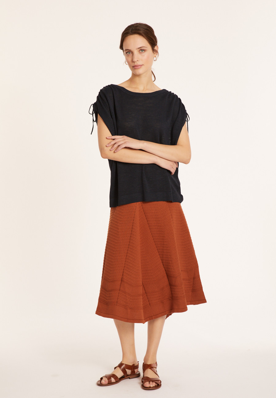 Flamed linen t-shirt with shoulders tightening - Marine