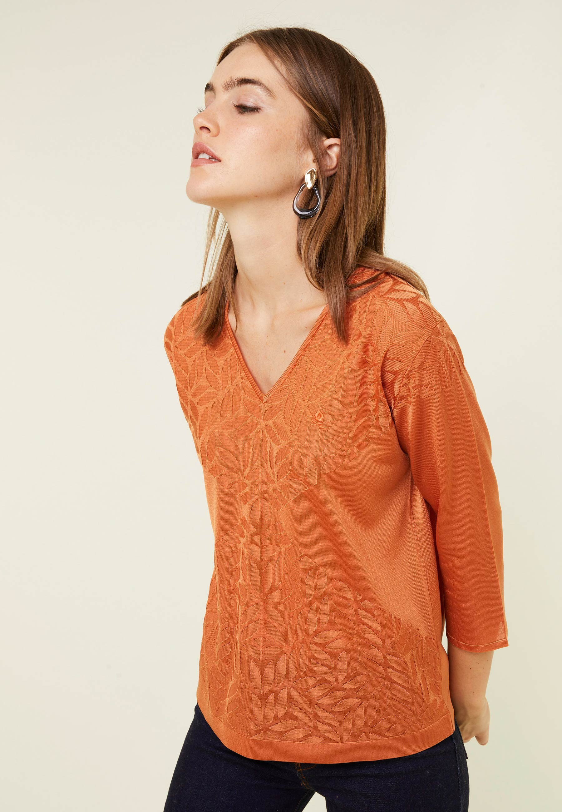 T-shirt col V manches coudes en Fil Lumière - Elsa 0921 capucine - 15 Orange