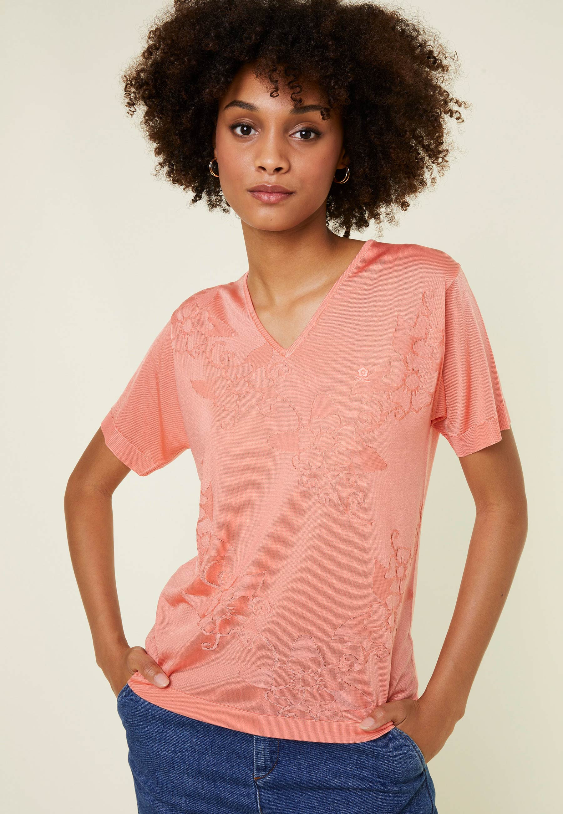 T-shirt col V Fil Lumière manches courtes à motifs - Elise 0915 tulipe - 26 Rose foncé
