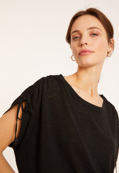 T-shirt en lin flammé resserrage épaules - Marine 8010 - 01 Noir