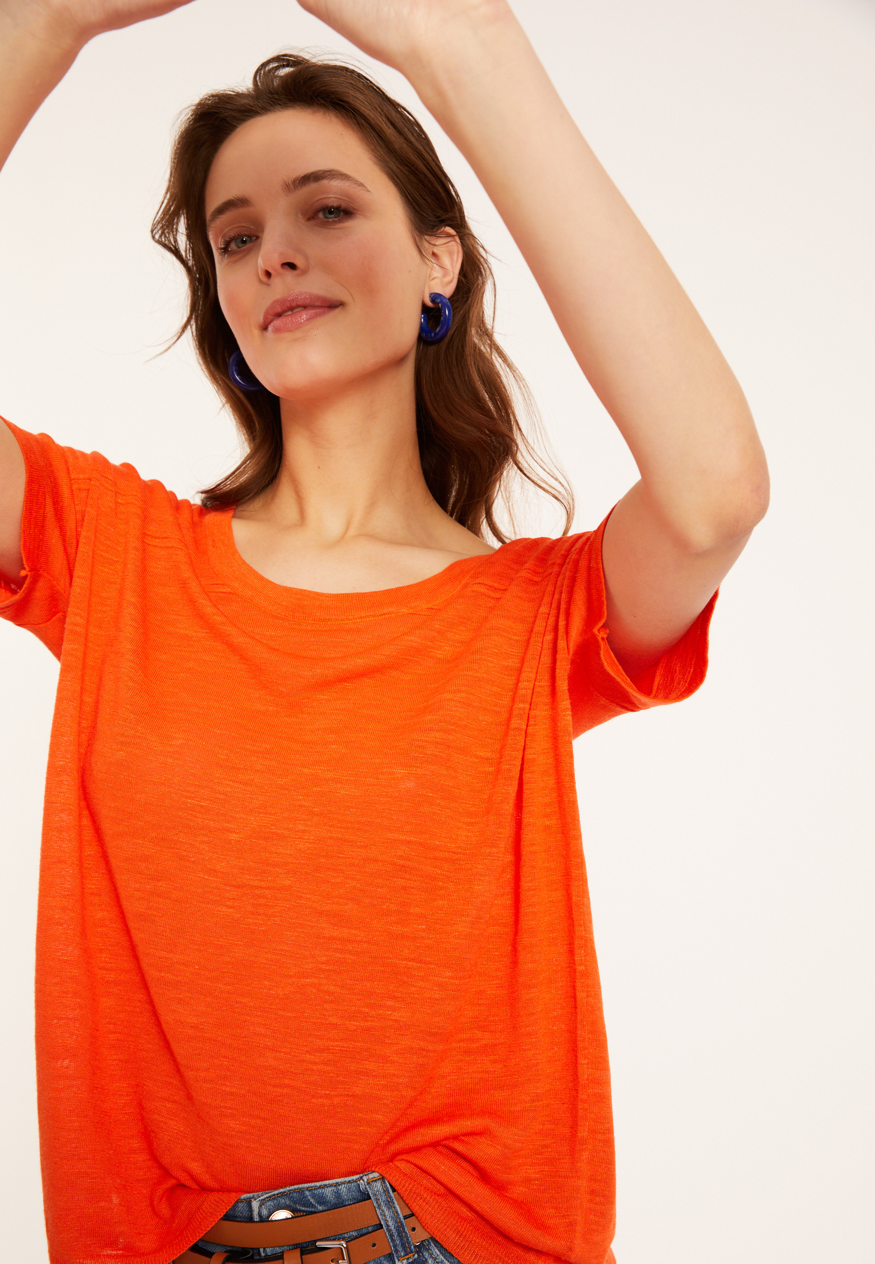 Loose-fitting round-neck flamed linen T-shirt - Pavot