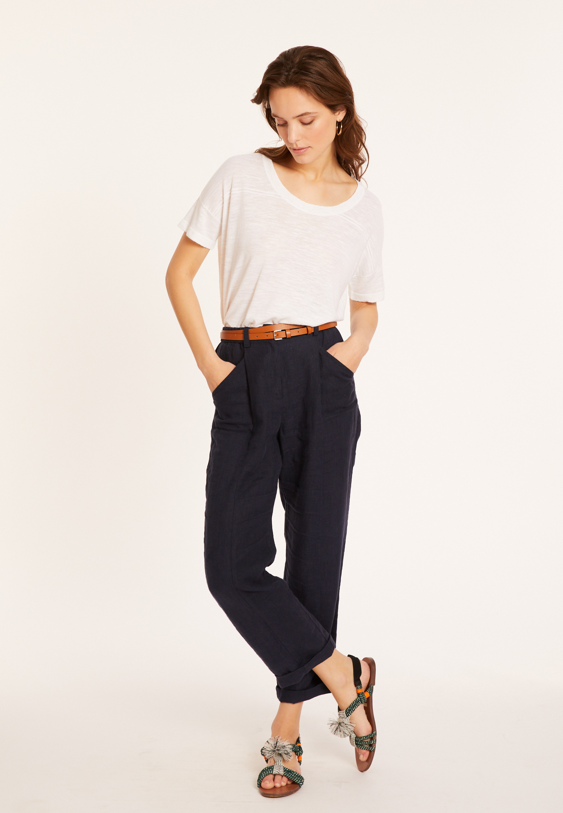 Loose-fitting round-neck flamed linen T-shirt - Pavot
