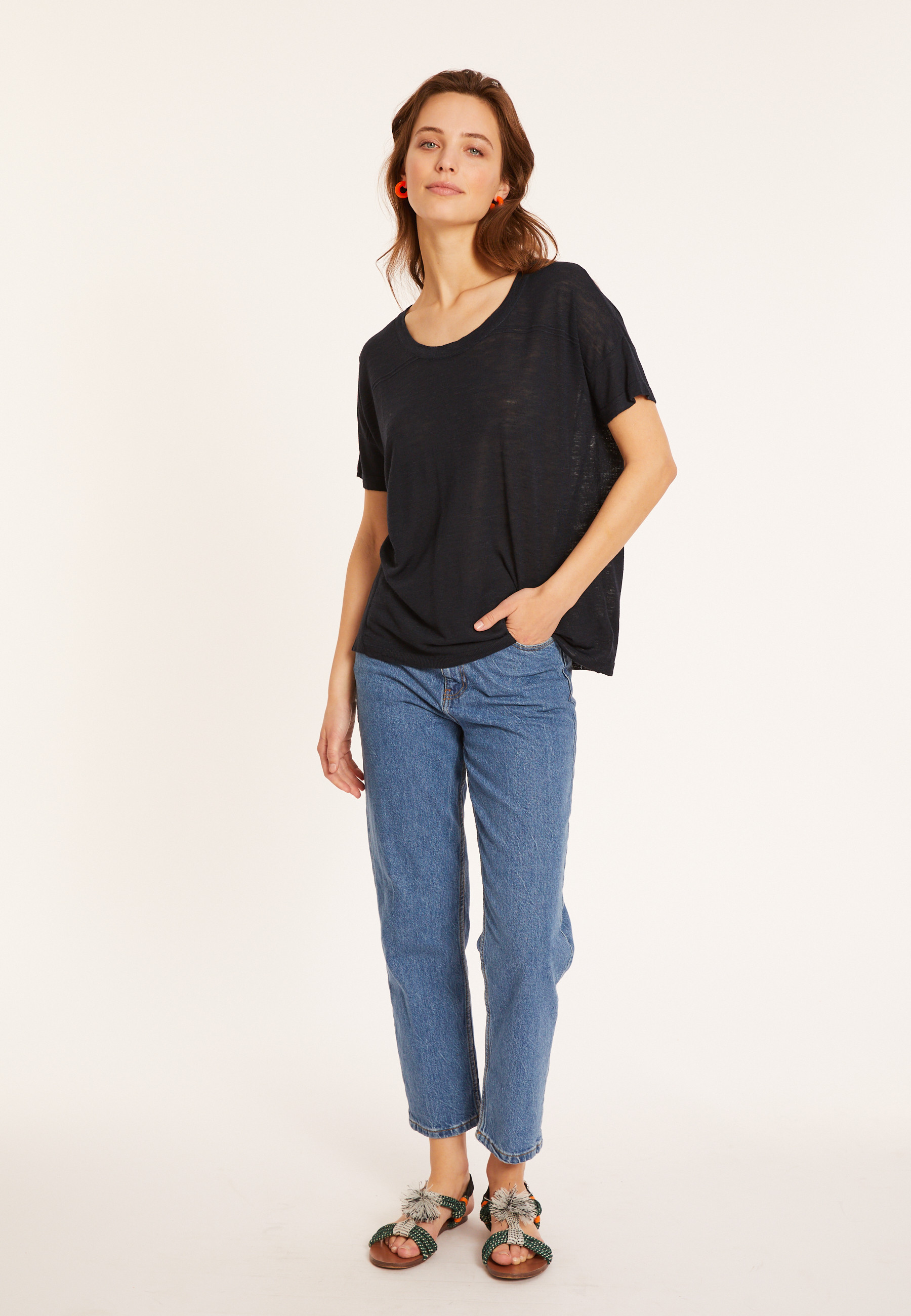 T-shirt ample col rond en lin flammé - Pavot 8040 - 05 Bleu marine