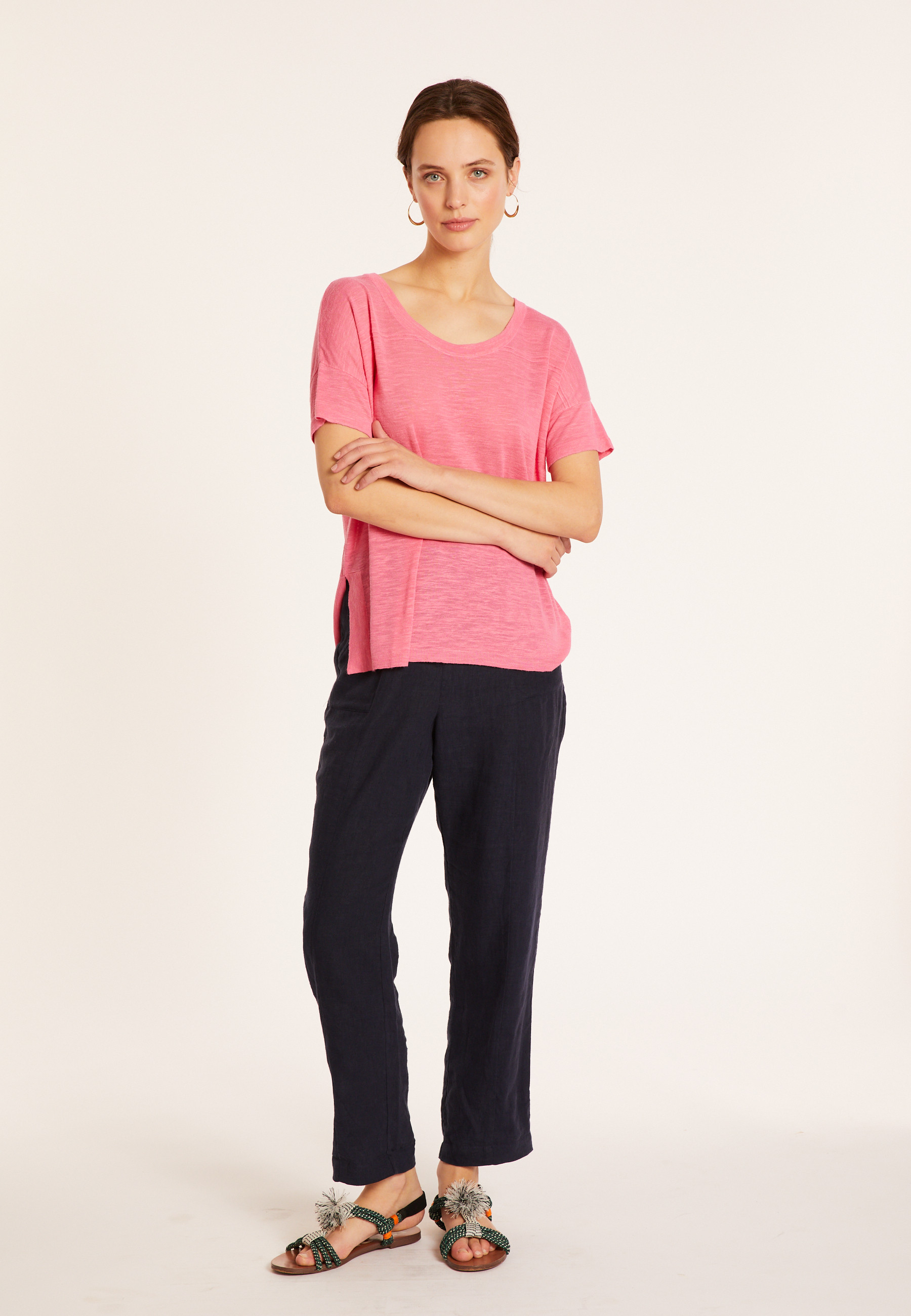 Loose-fitting round-neck flamed linen T-shirt - Pavot