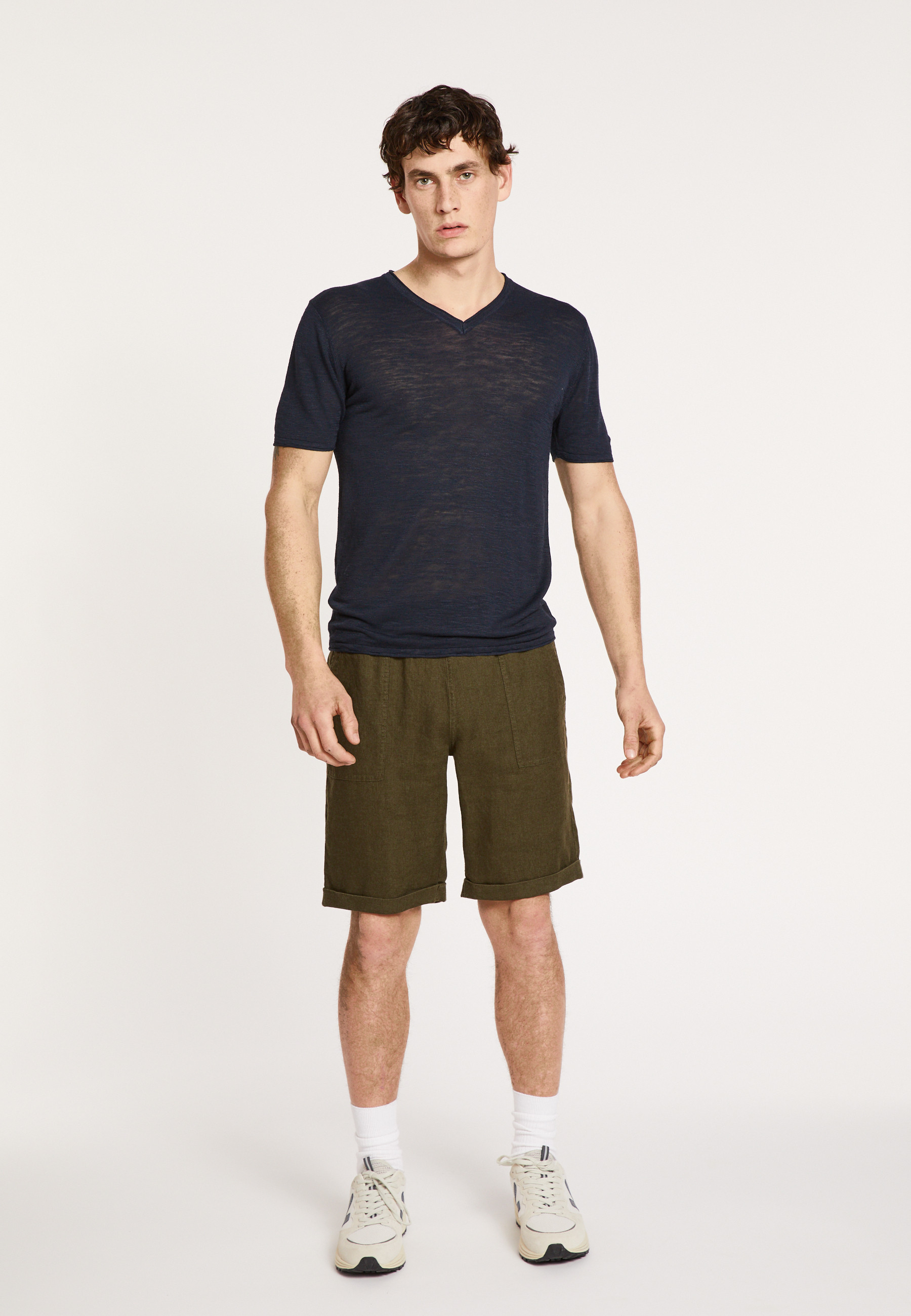 T-shirt col V en lin flammé - Reuben 8040 marine - 05 Bleu marine