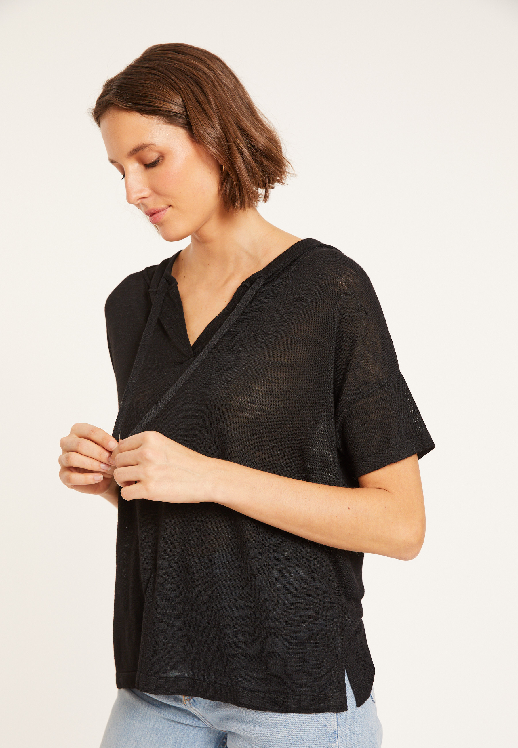 Flamed linen hooded t-shirt - Pivoine