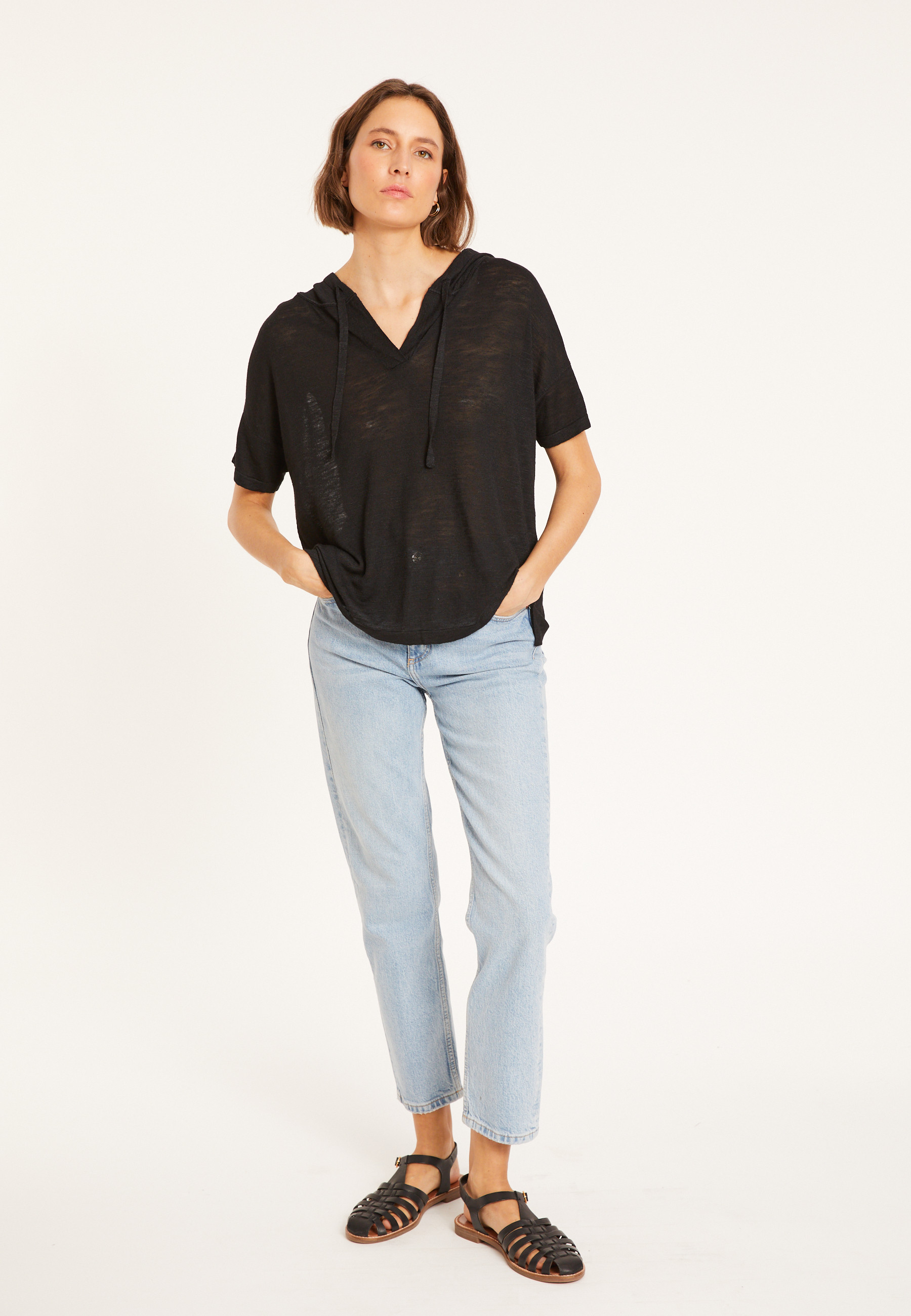Flamed linen hooded t-shirt - Pivoine