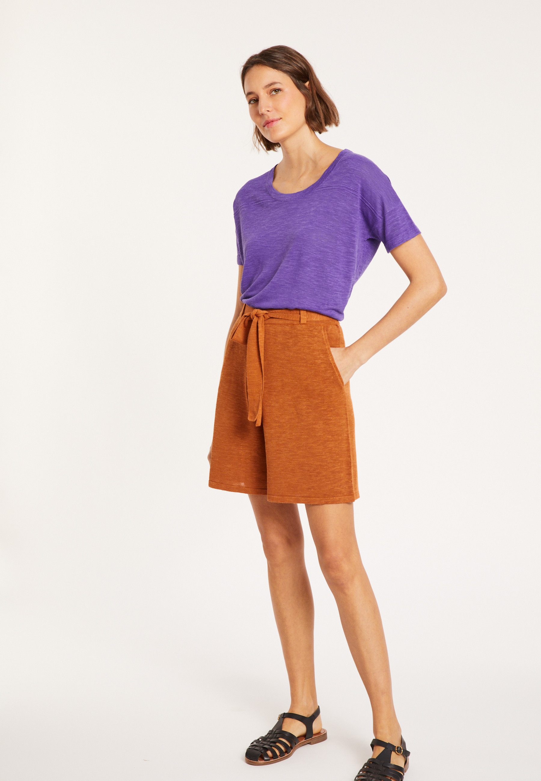 T-shirt ample col rond en lin flammé - Pavot 8090 - 17 Violet