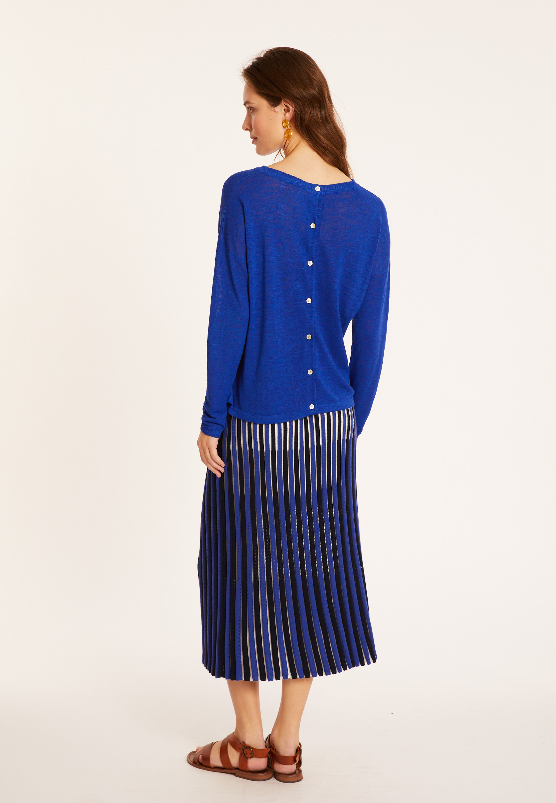 T-shirt en lin flammé boutonné dos - Polly 8041 - 48 Bleu roi