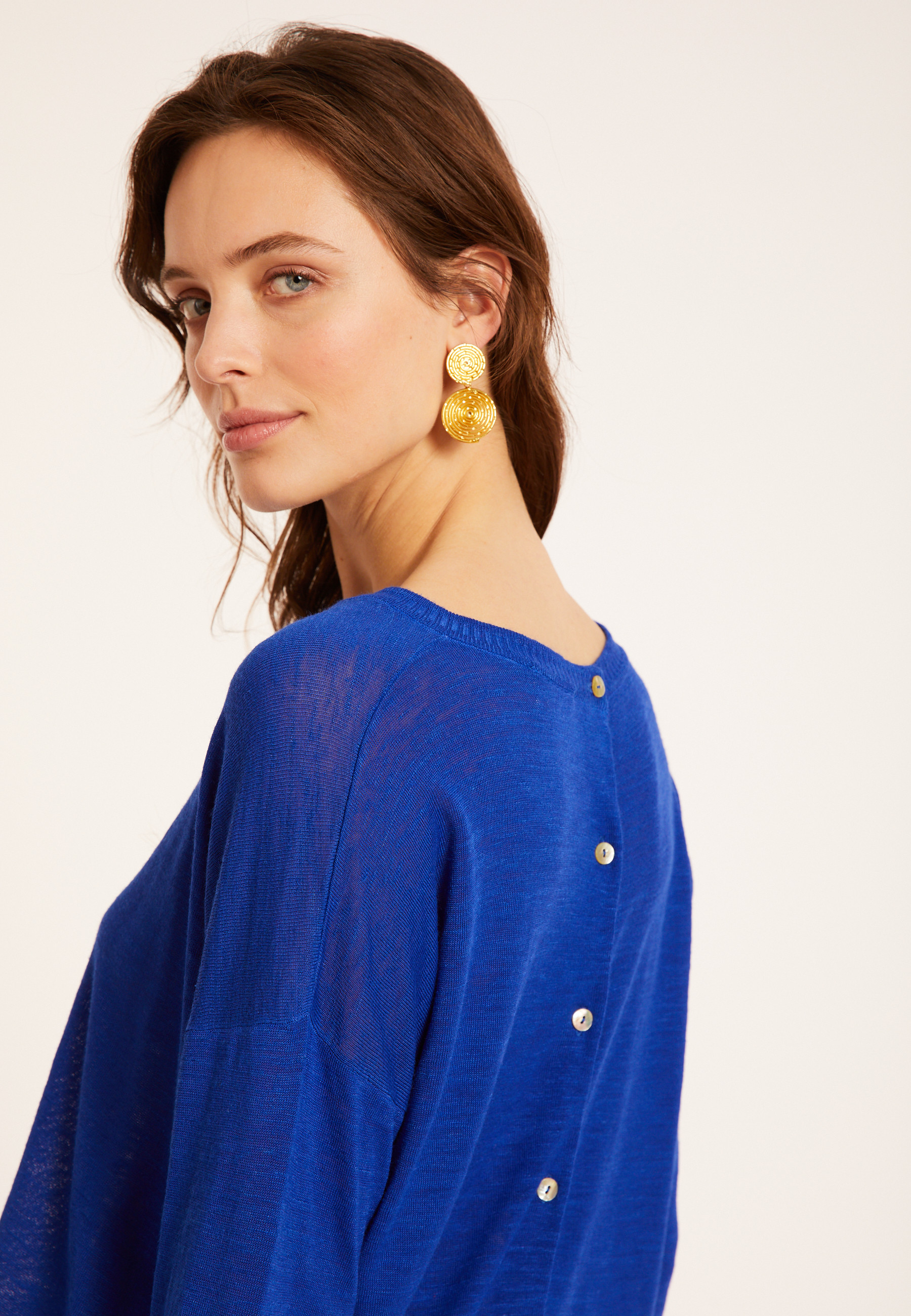 T-shirt en lin flammé boutonné dos - Polly 8041 - 48 Bleu roi