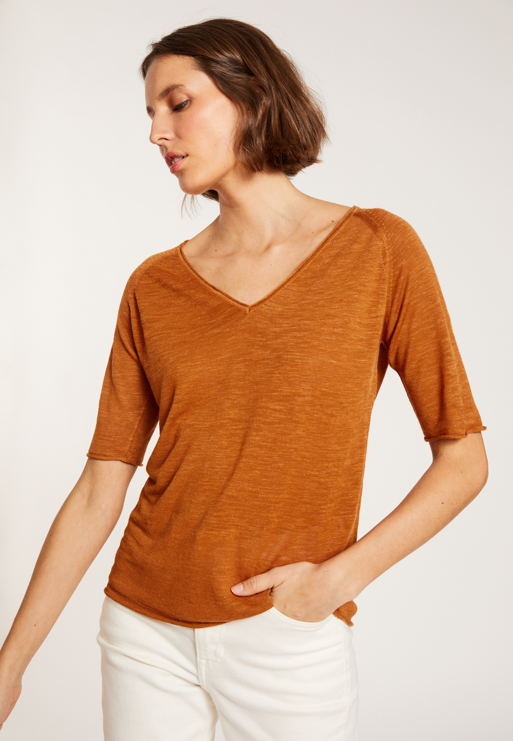 T-shirt manches coudes en lin flammé - Bonbon 8030 - 07 Marron