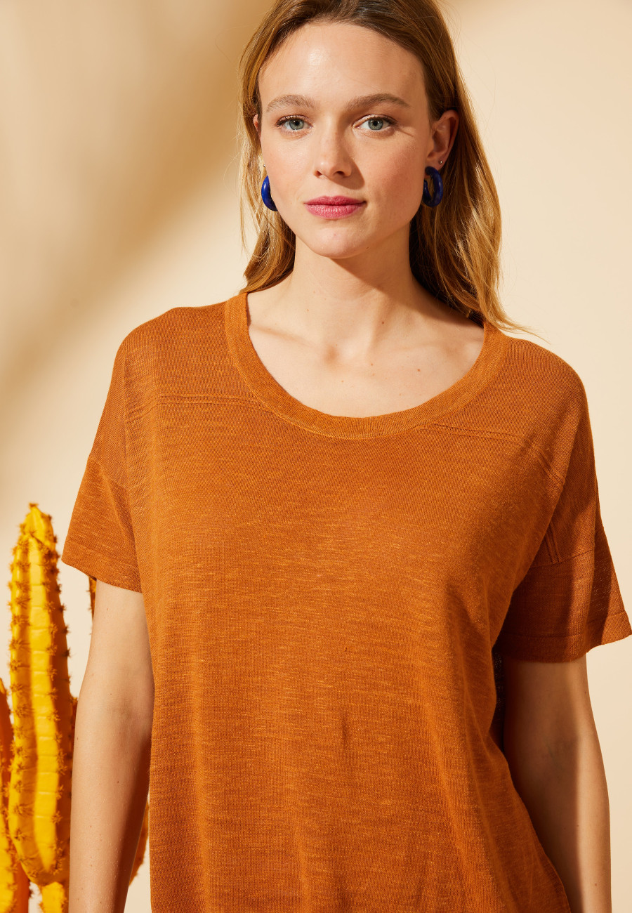 Loose-fitting round-neck flamed linen T-shirt - Pavot