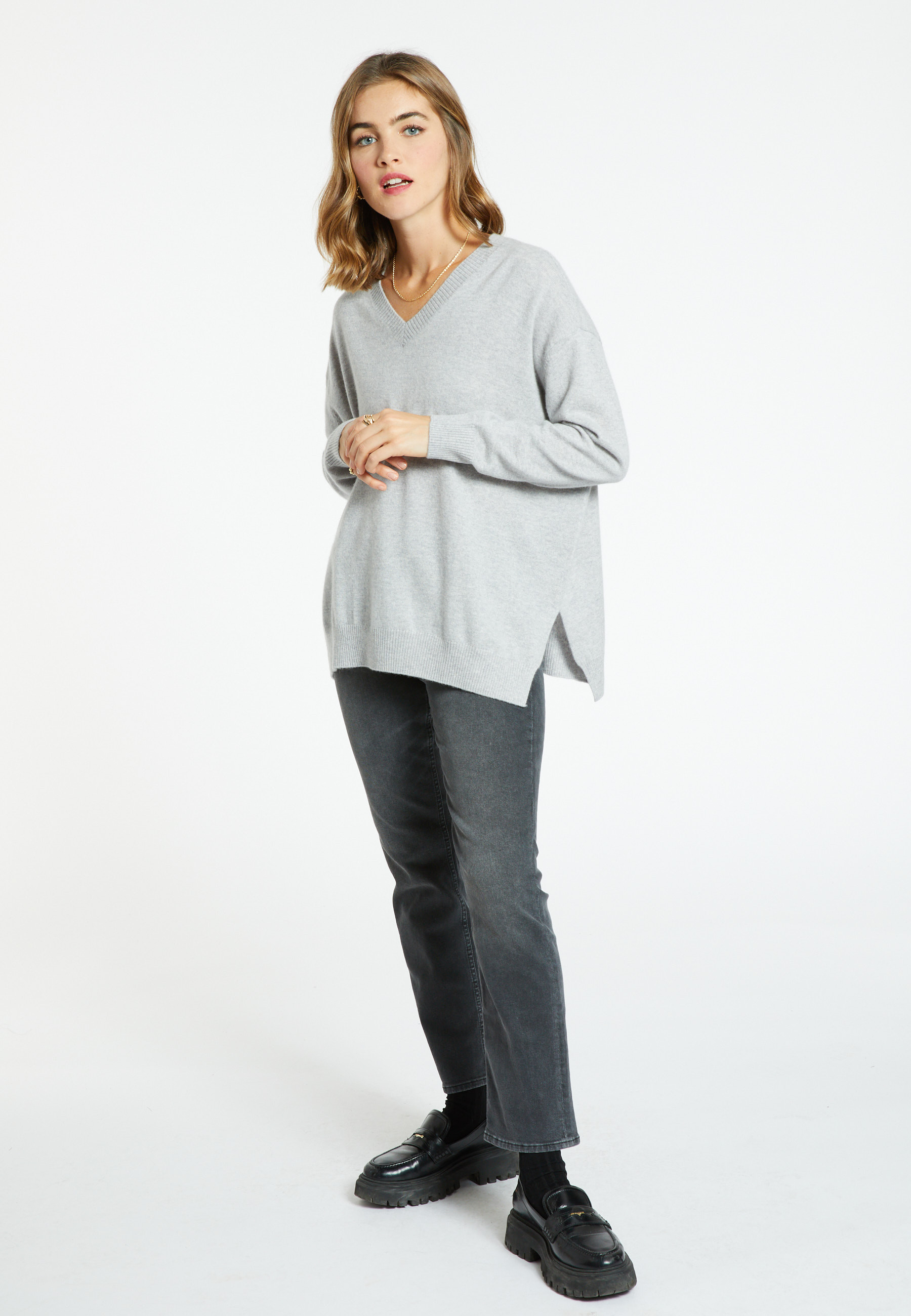 Pull en cachemire col V avec fentes - Brendao 7011 ombre - 10 Gris foncé