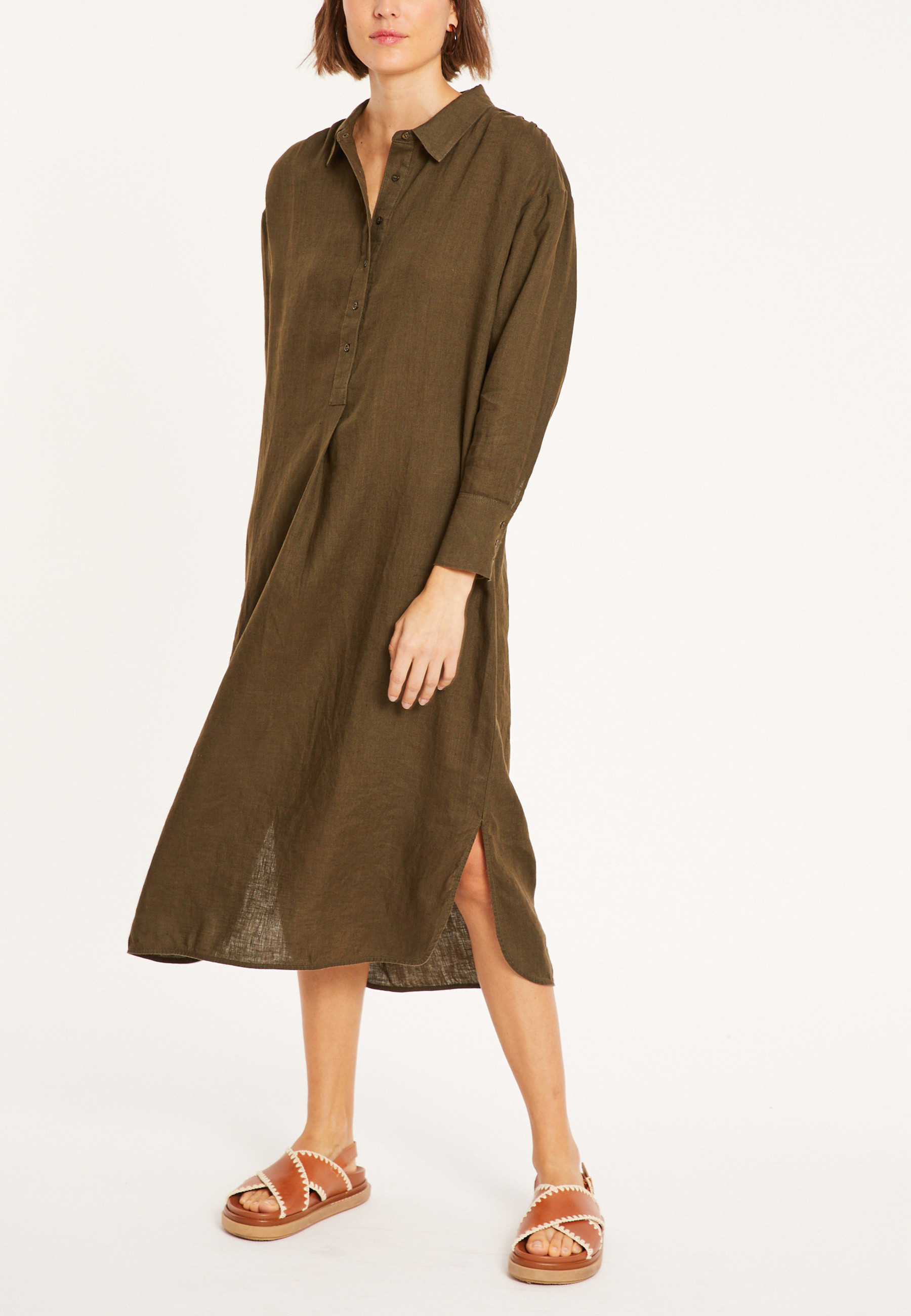 Robe longue col polo en lin - Valerie 8051 cactus - 83 Kaki