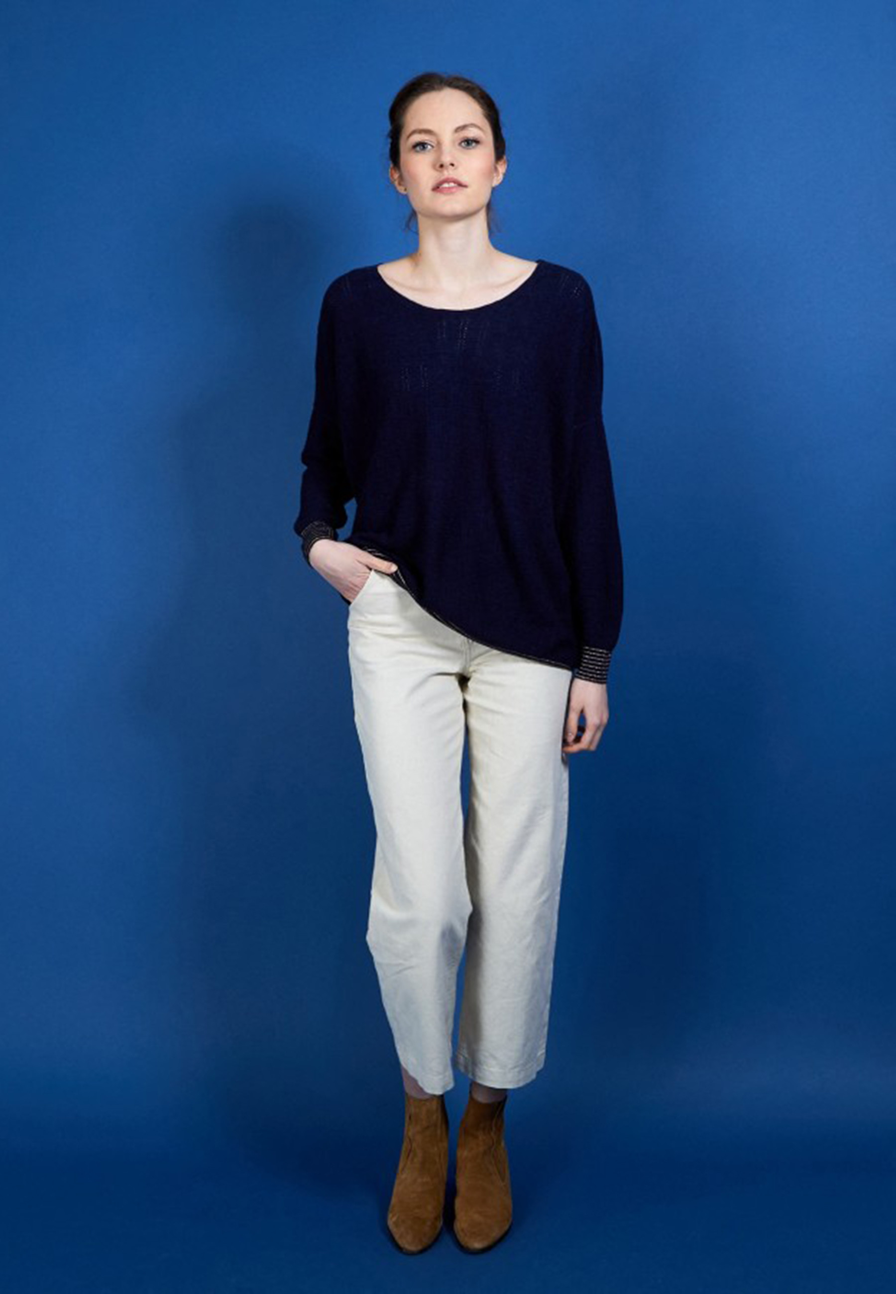 Pull col rond en cachemire lin - Ambre  6840- 05 Bleu Marine Noir
