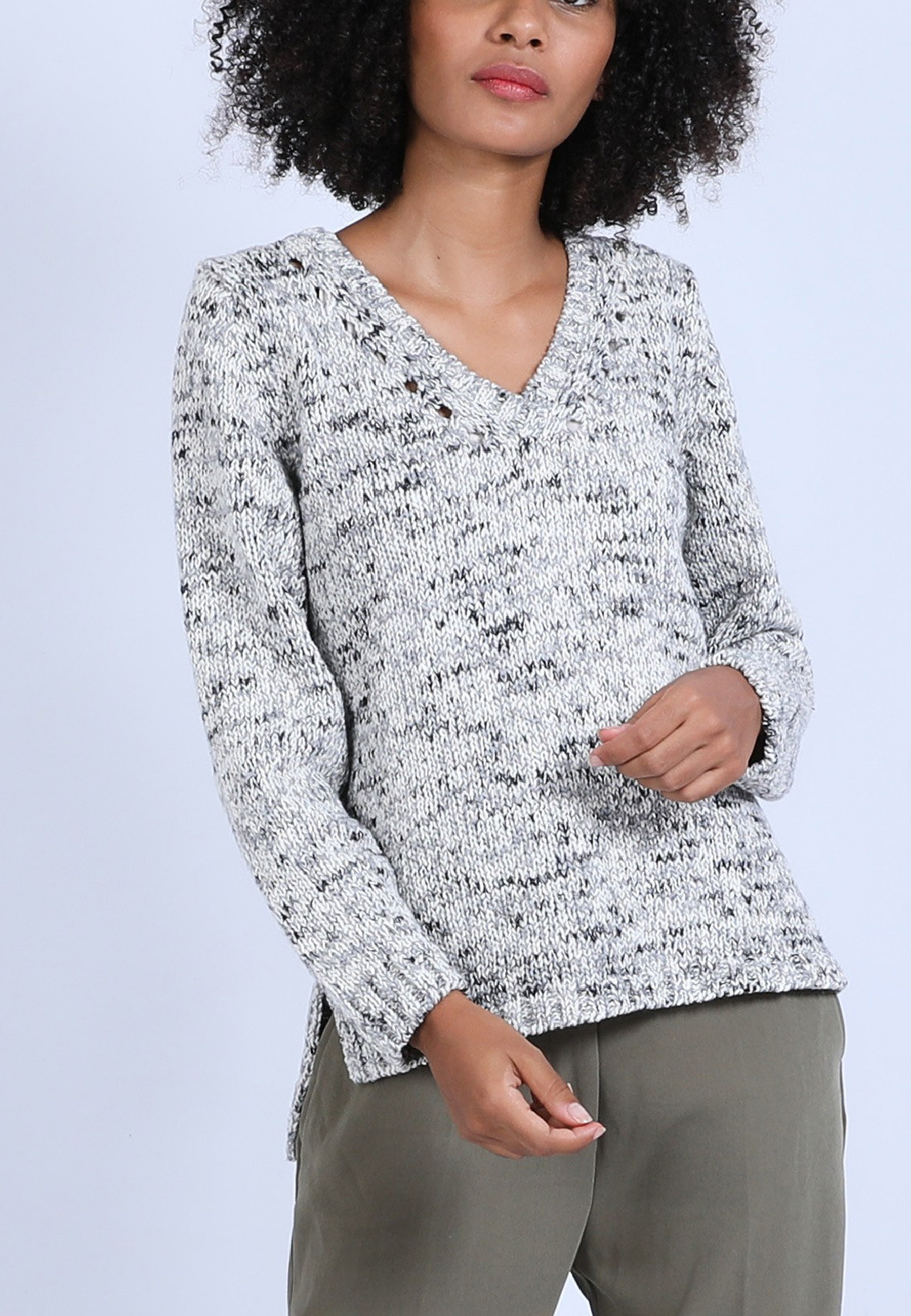 Pull col V chiné - Promesse 6738 gris - 11 Gris clair