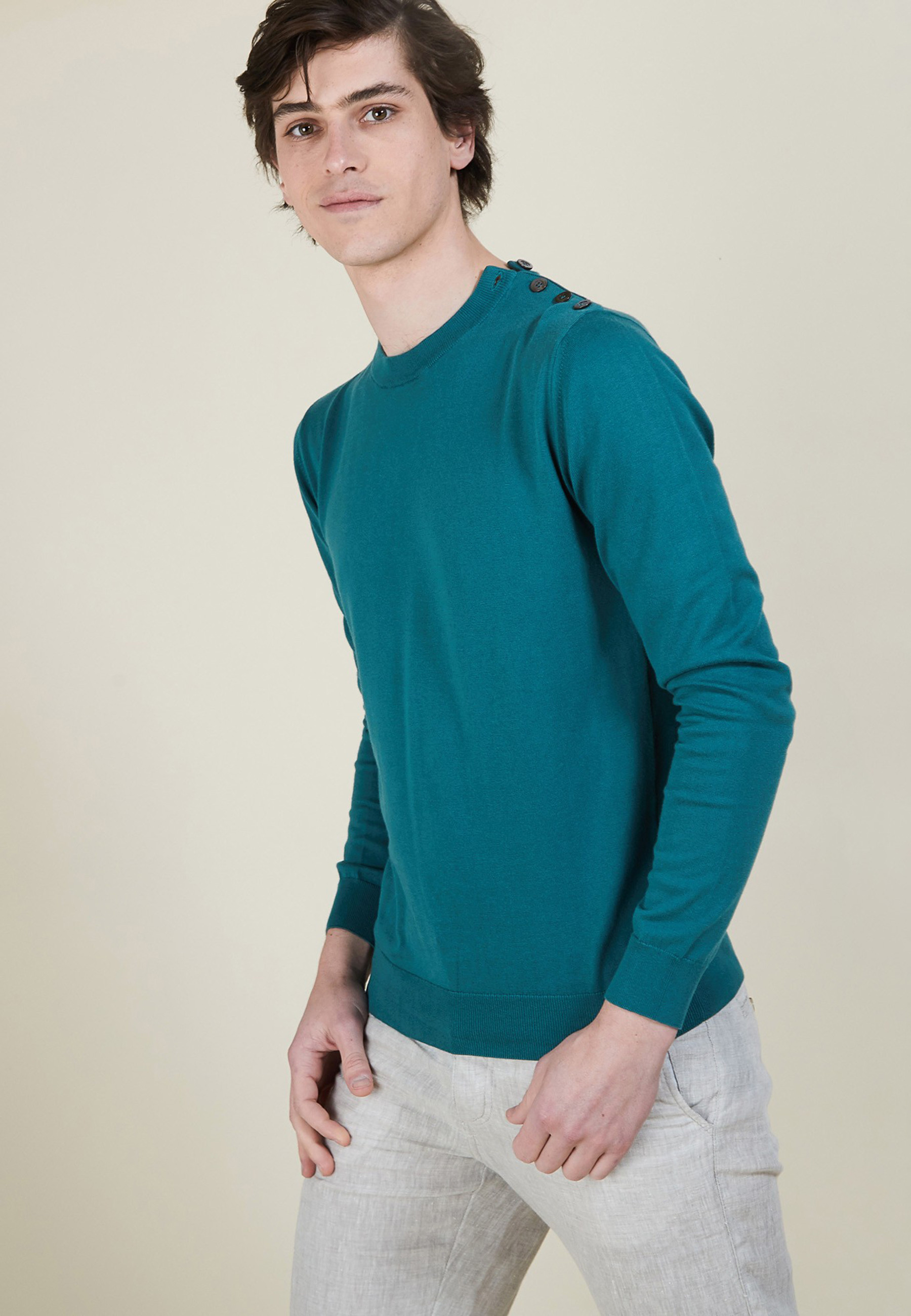 Pull col rond en coton - Bonze 6843 azur - 06 Bleu moyen