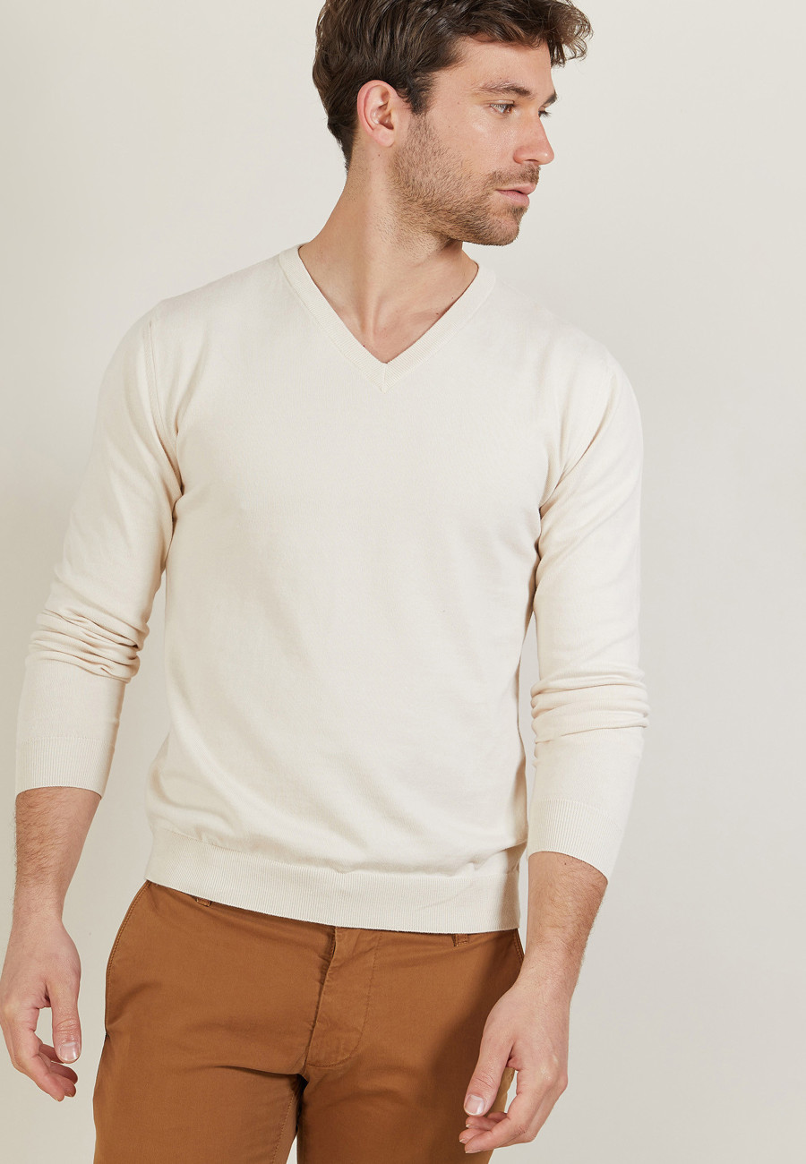V-neck sweater in natural cotton - Bouddi