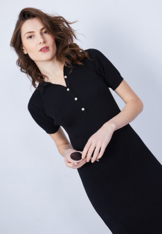 Robe col polo en coton - Jacee 6410 noir - 01 Noir
