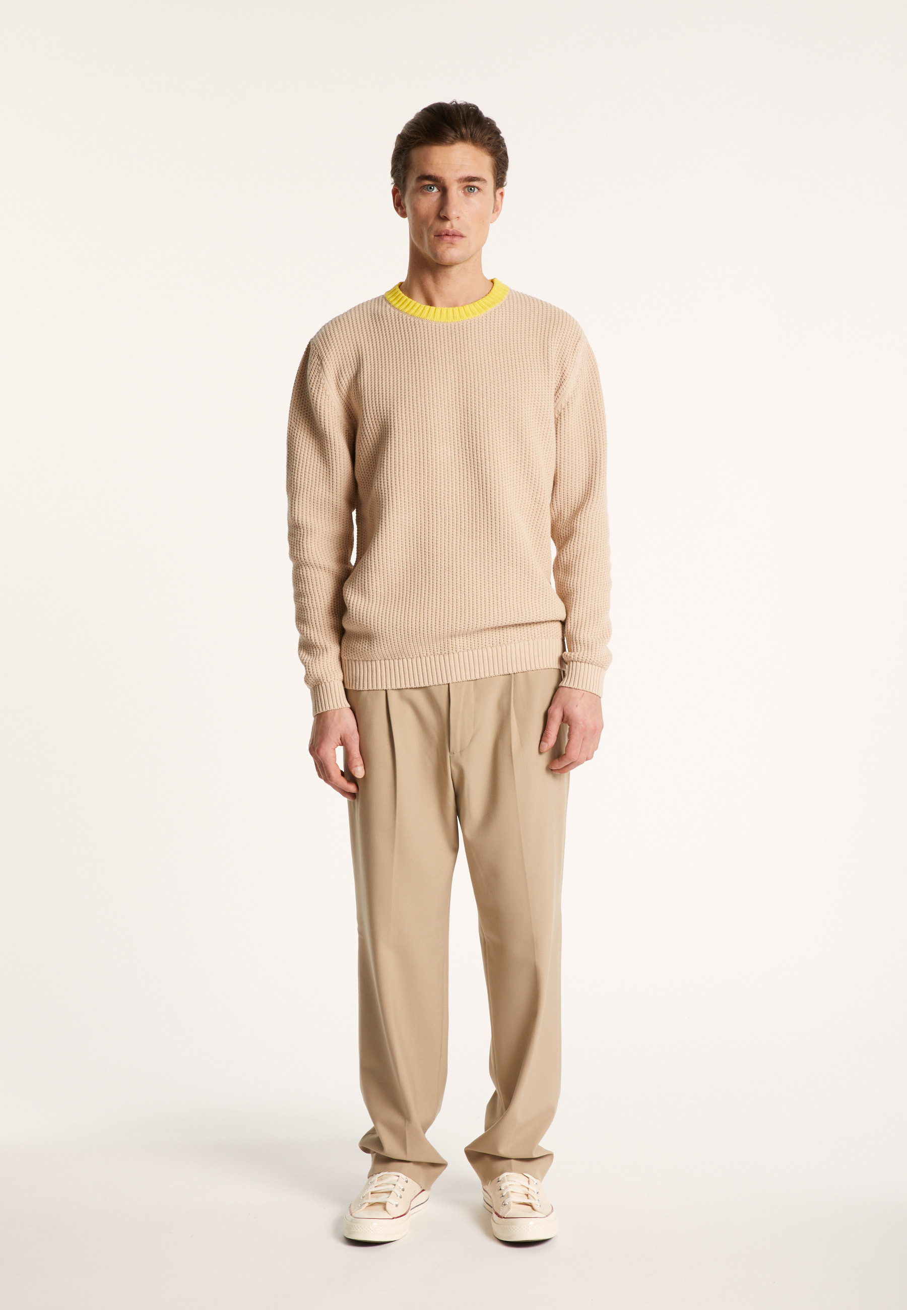 Pull bicolore en gros coton bio - Pacome 7307 sahara/mimosa - 13 Beige moyen