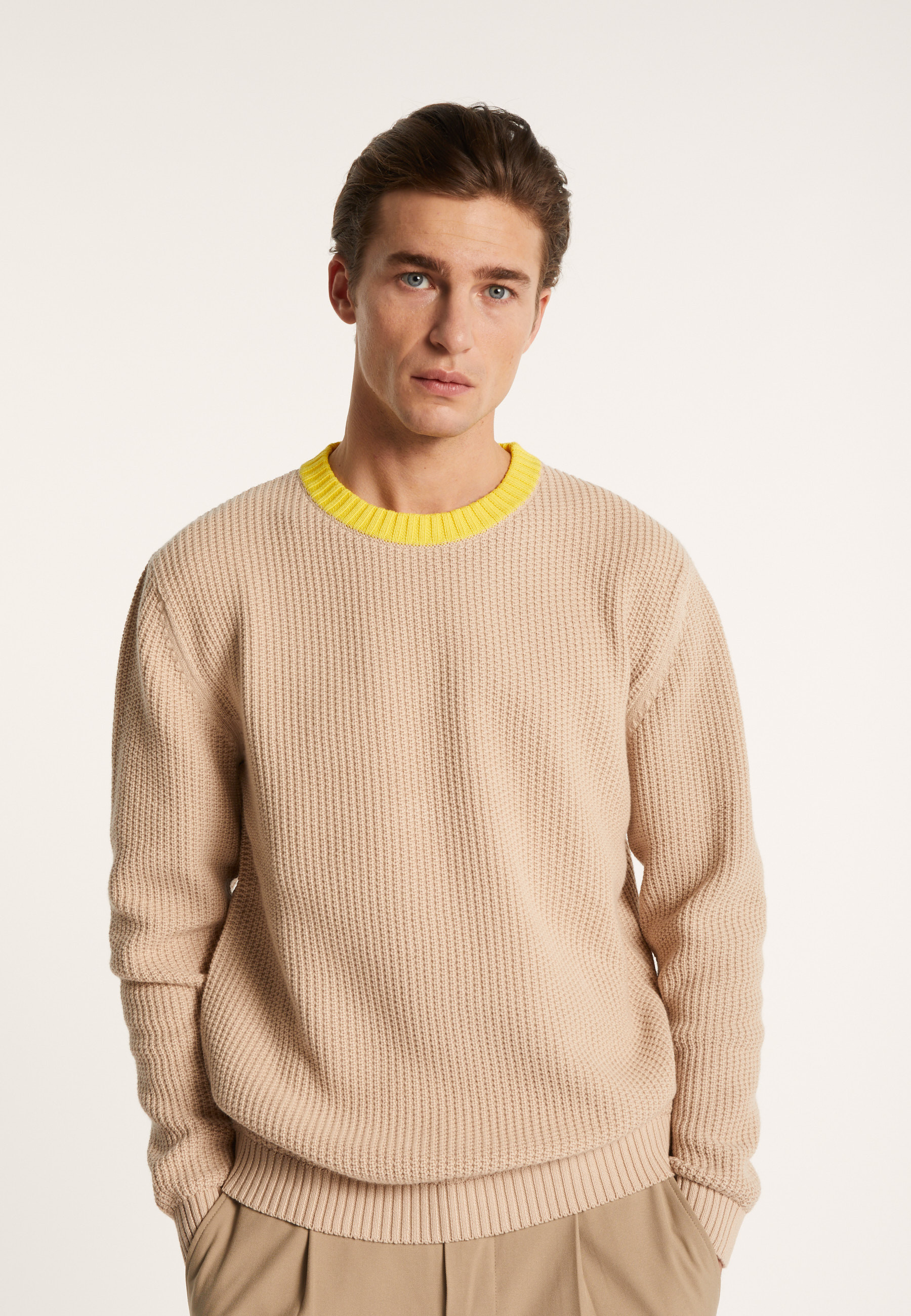 Pull bicolore en gros coton bio - Pacome 7307 sahara/mimosa - 13 Beige moyen