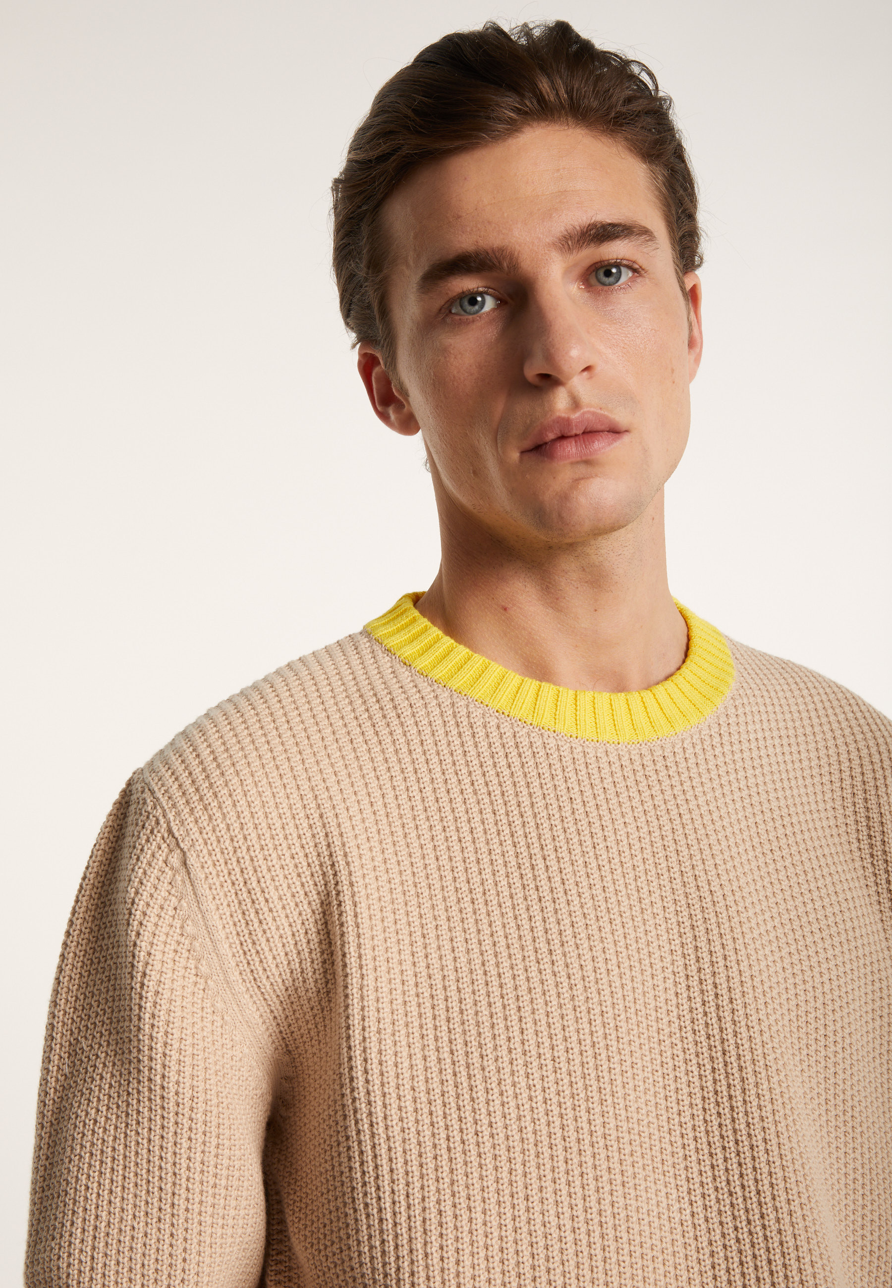 Pull bicolore en gros coton bio - Pacome 7307 sahara/mimosa - 13 Beige moyen