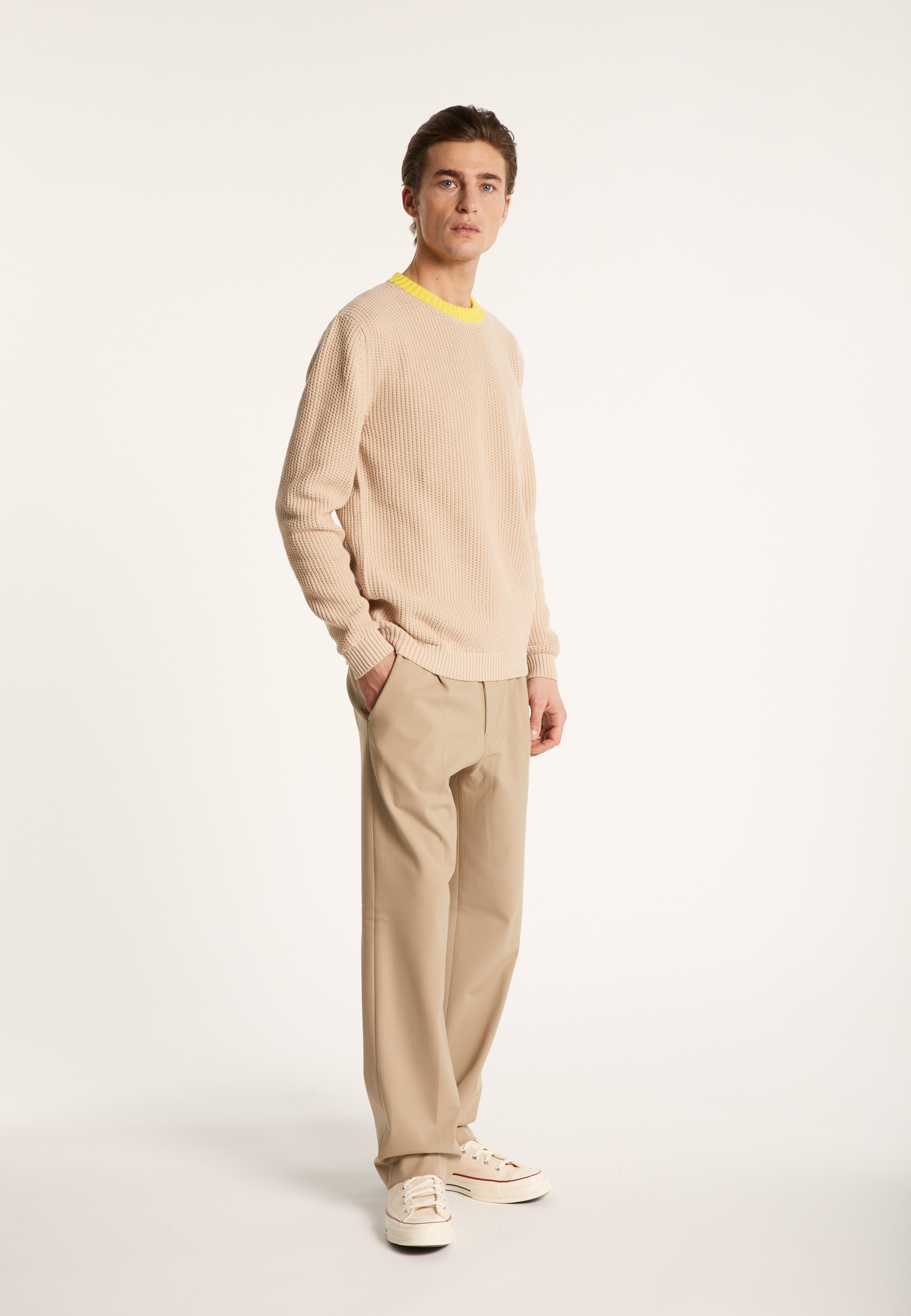 Pull bicolore en gros coton bio - Pacome 7307 sahara/mimosa - 13 Beige moyen