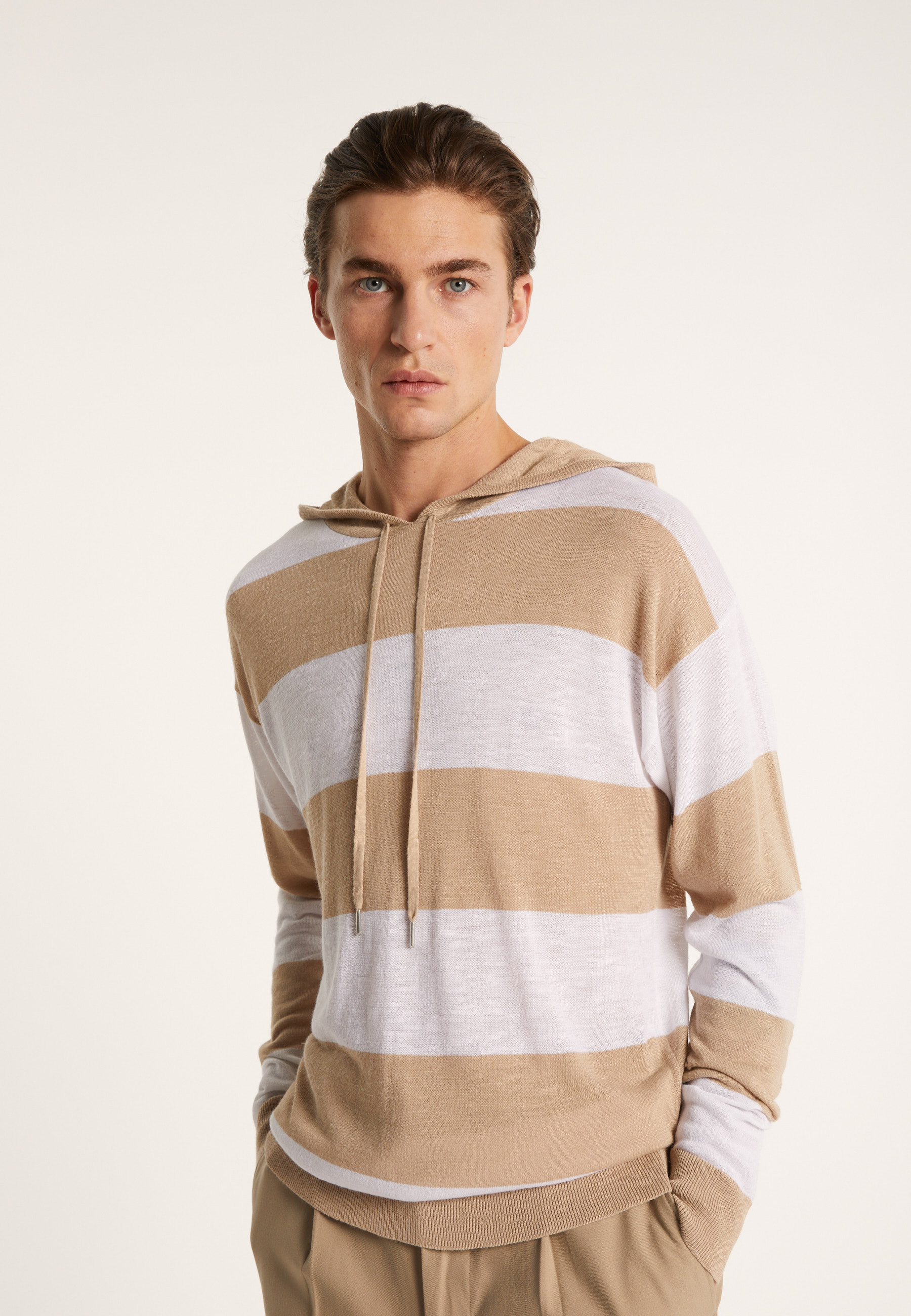 Hoodie bicolore en lin flammé - Philip 7340 sahara/blanc - 13 Beige moyen