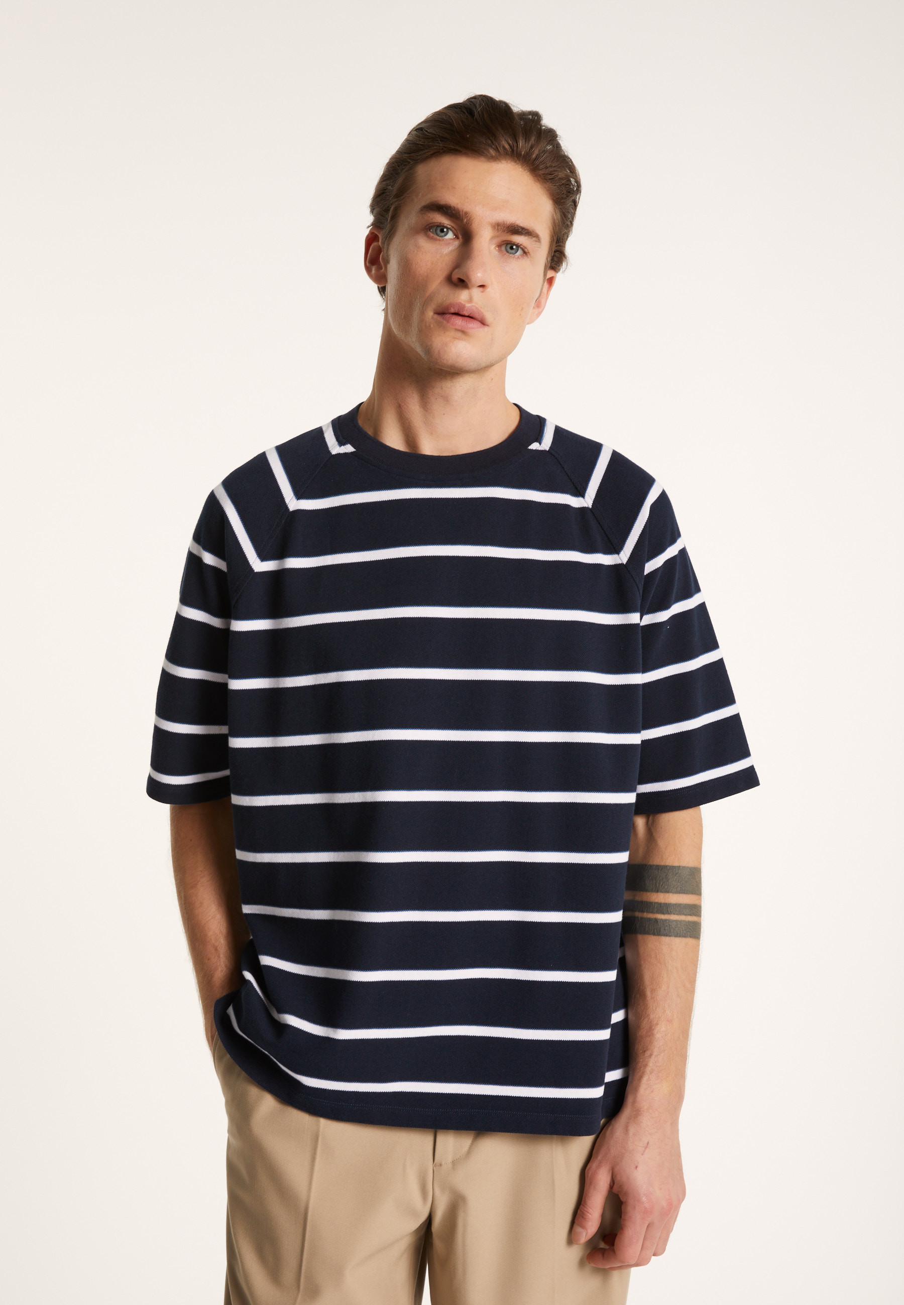 T-shirt en coton à rayures - Patrick 7360 blanc/rubis/sahara - 02 Blanc
