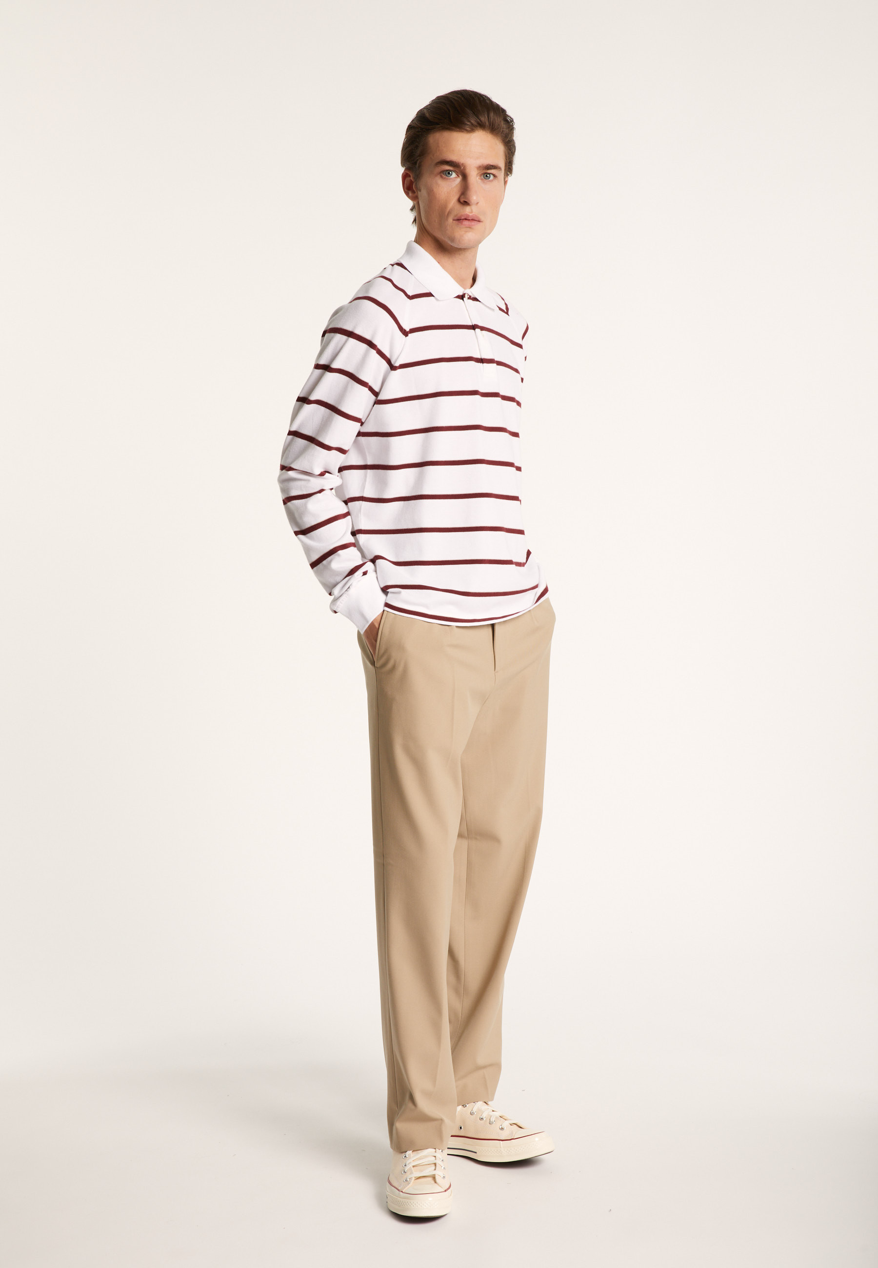 Polo en coton manches longues à rayures - Pavel 7360 blanc/rubis/sahara - 02 Blanc