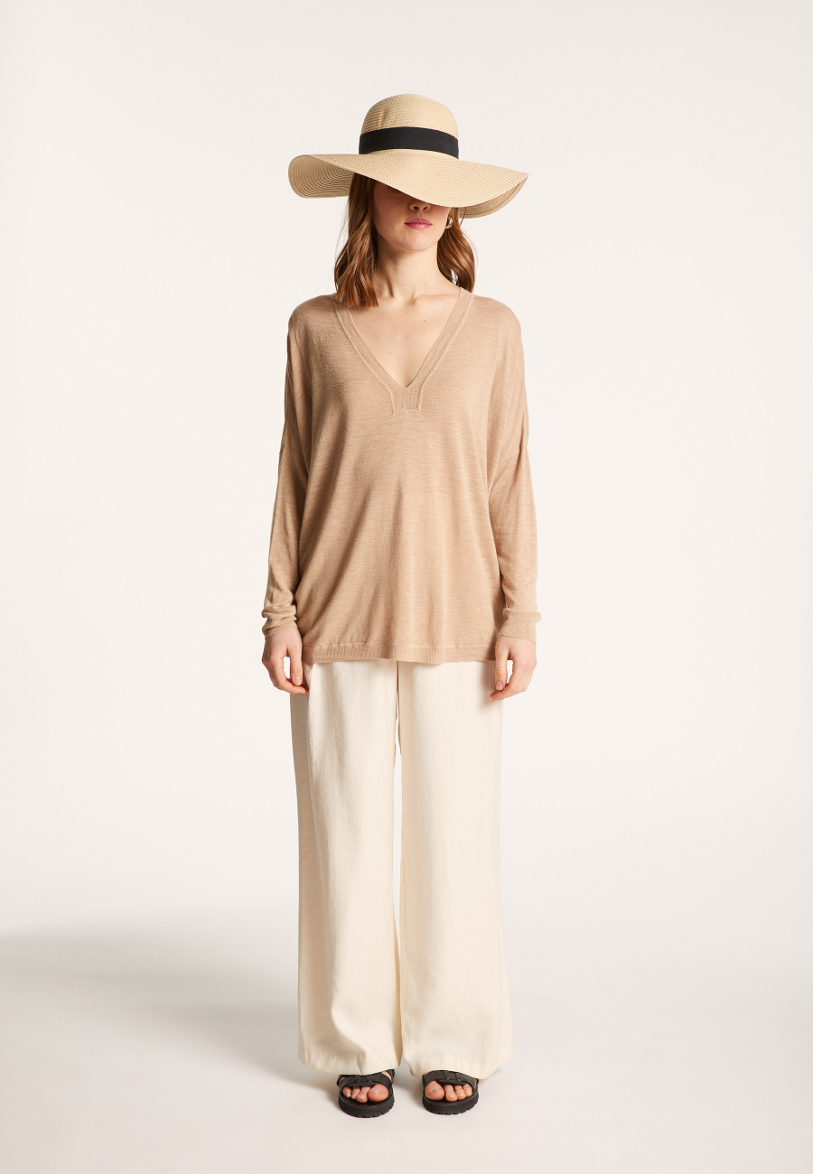 Long-sleeved V-neck t-shirt in slub linen - Beja
