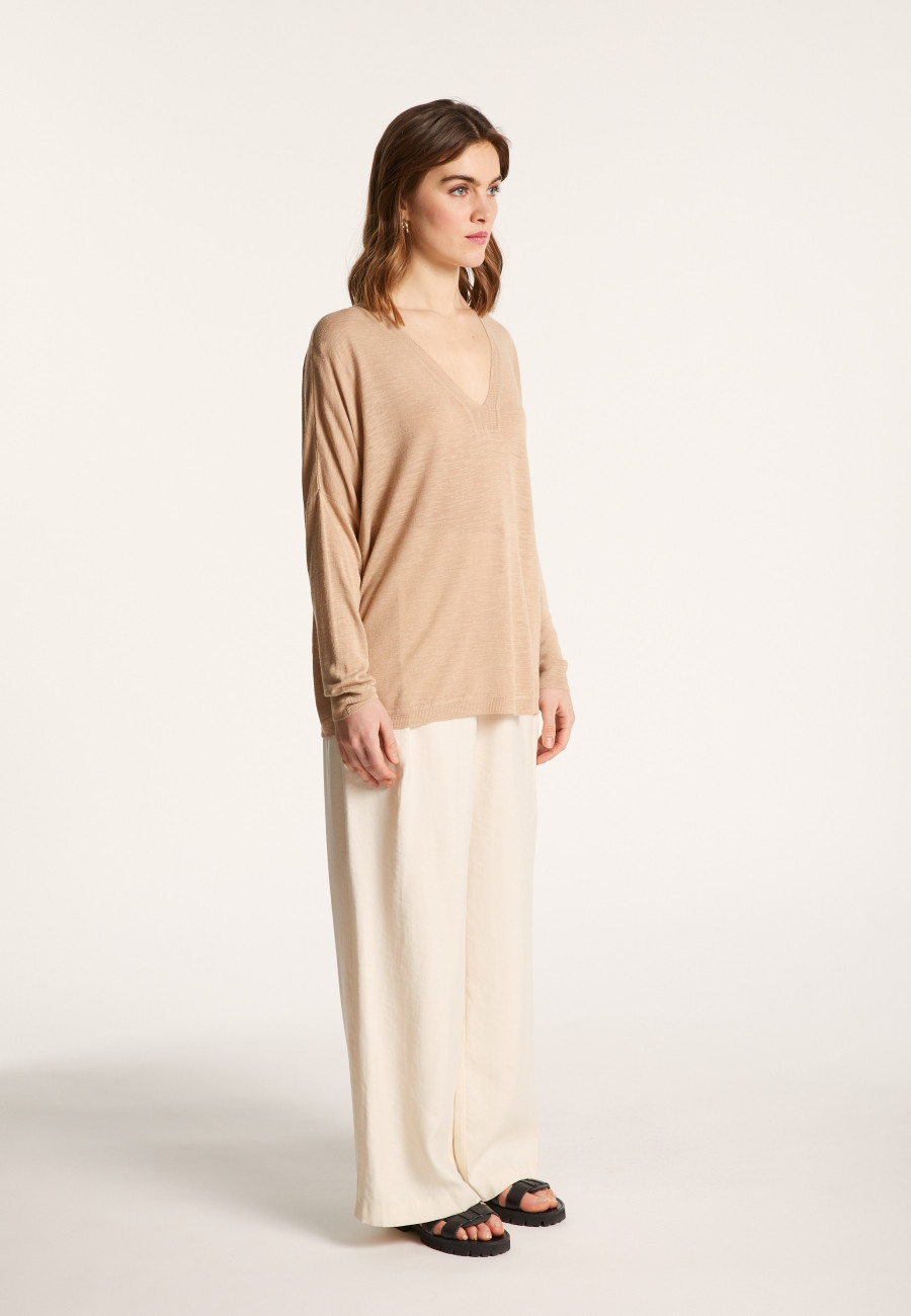 Long-sleeved V-neck t-shirt in slub linen - Beja