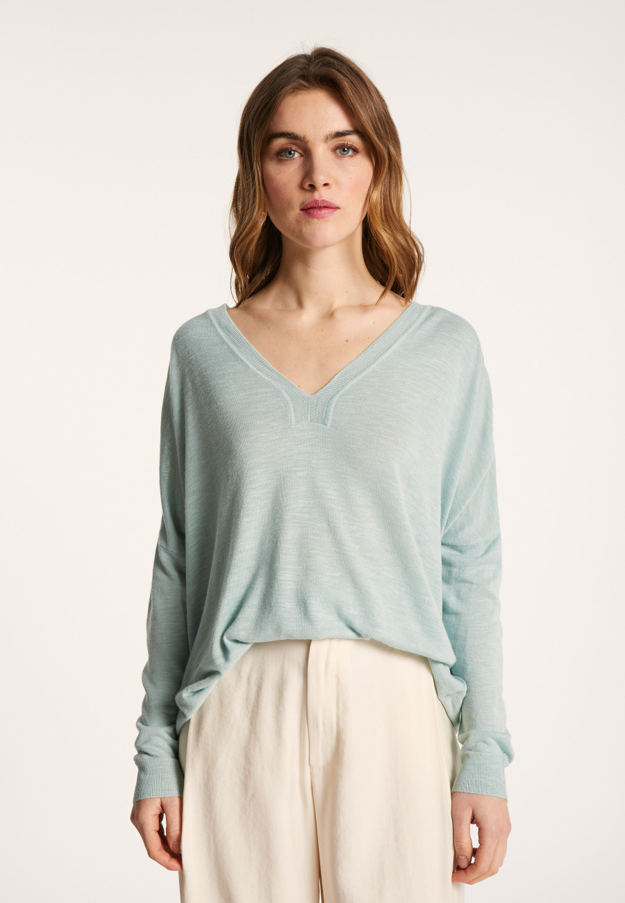 Long-sleeved V-neck t-shirt in slub linen - Beja