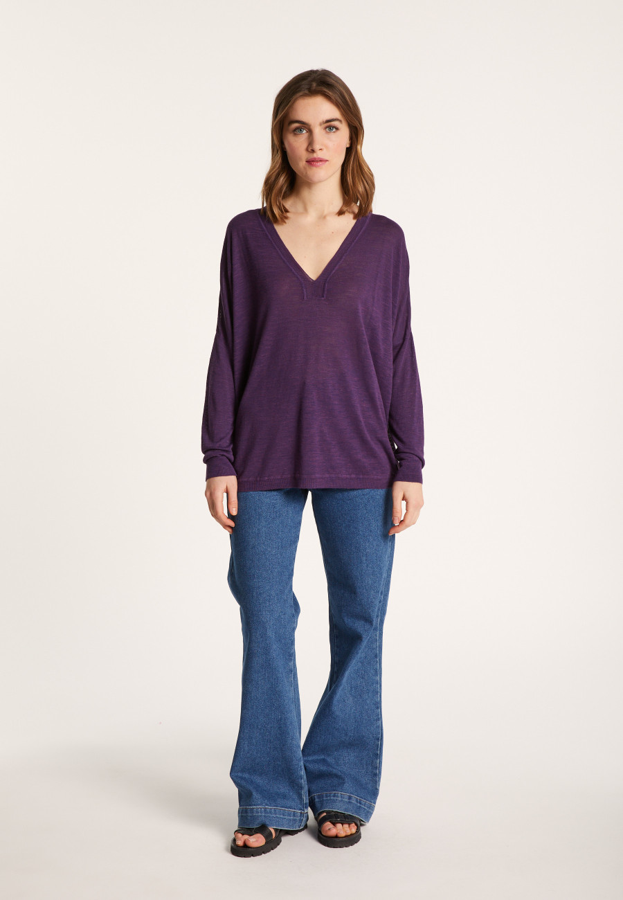 Long-sleeved V-neck t-shirt in slub linen - Beja