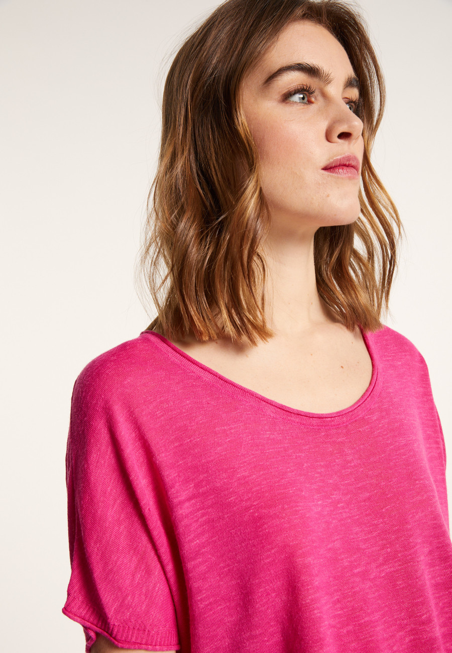 Camiseta de linho com gola redonda e babados - Loli